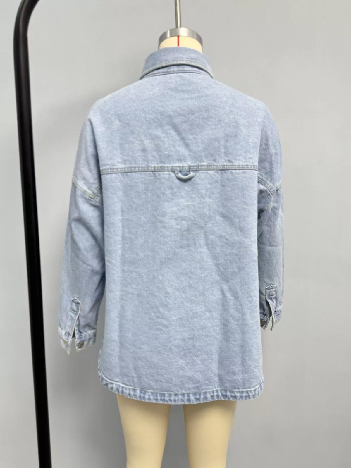 Denim Blue button-down dropped shoulder denim jacket, back view