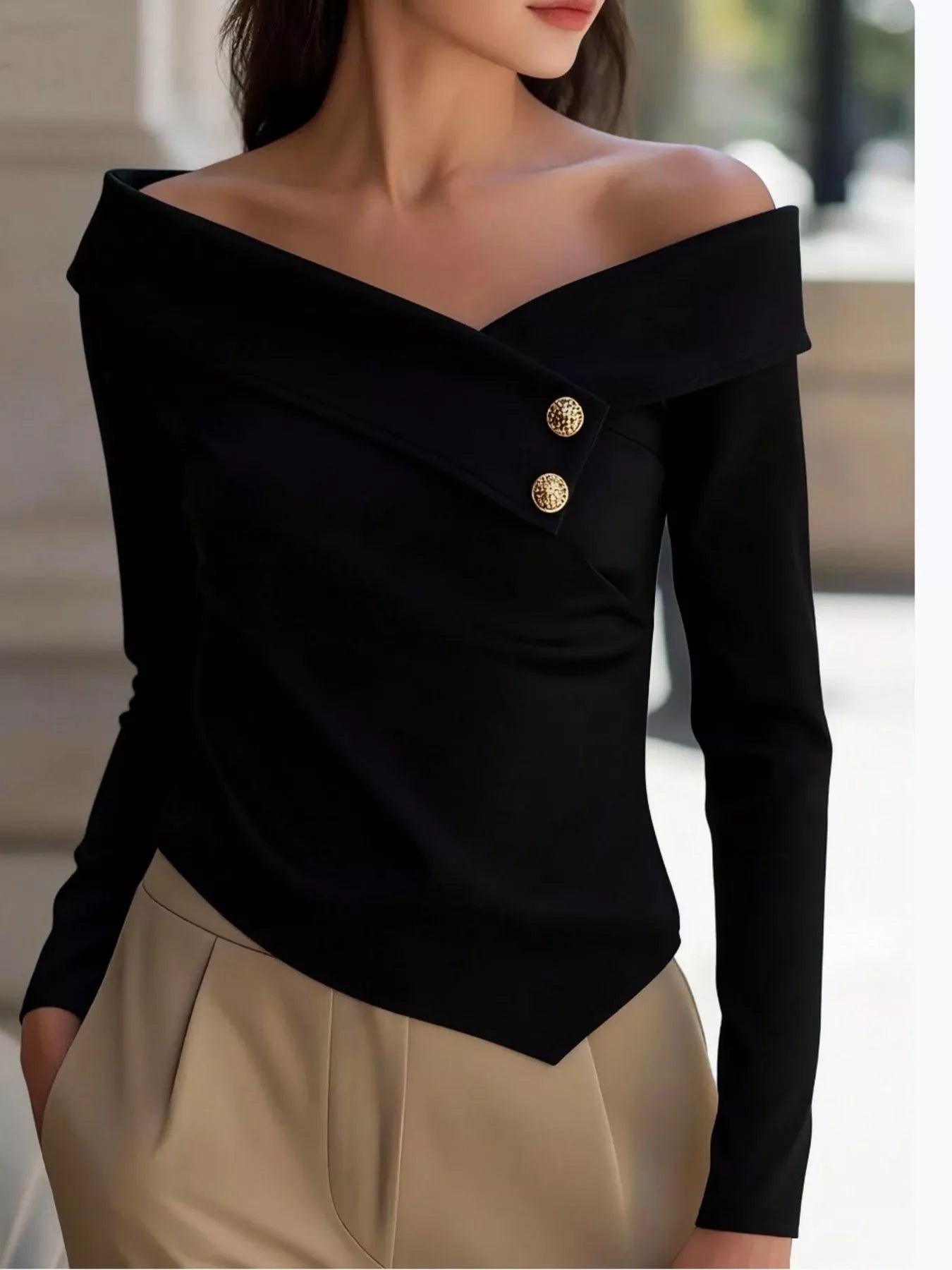 Trendsi Elegant Off-the-Shoulder Blouse with Decorative Buttons -
