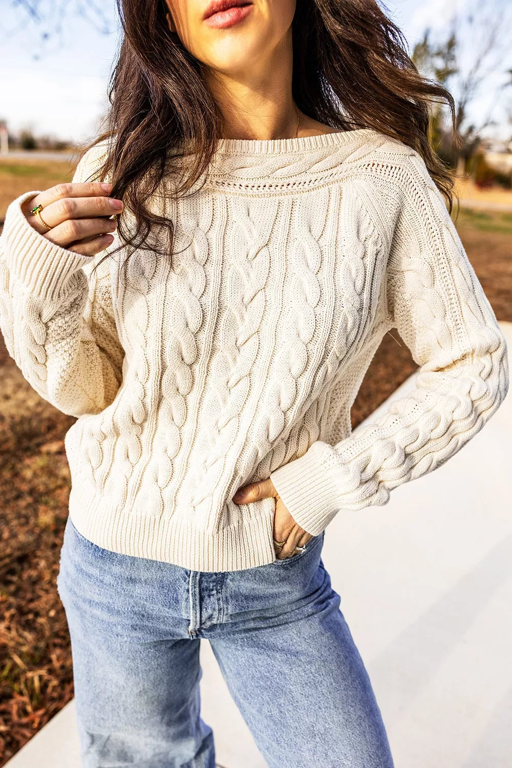 Trendsi Drop Shoulder Round Neck Cable Knit Sweater -