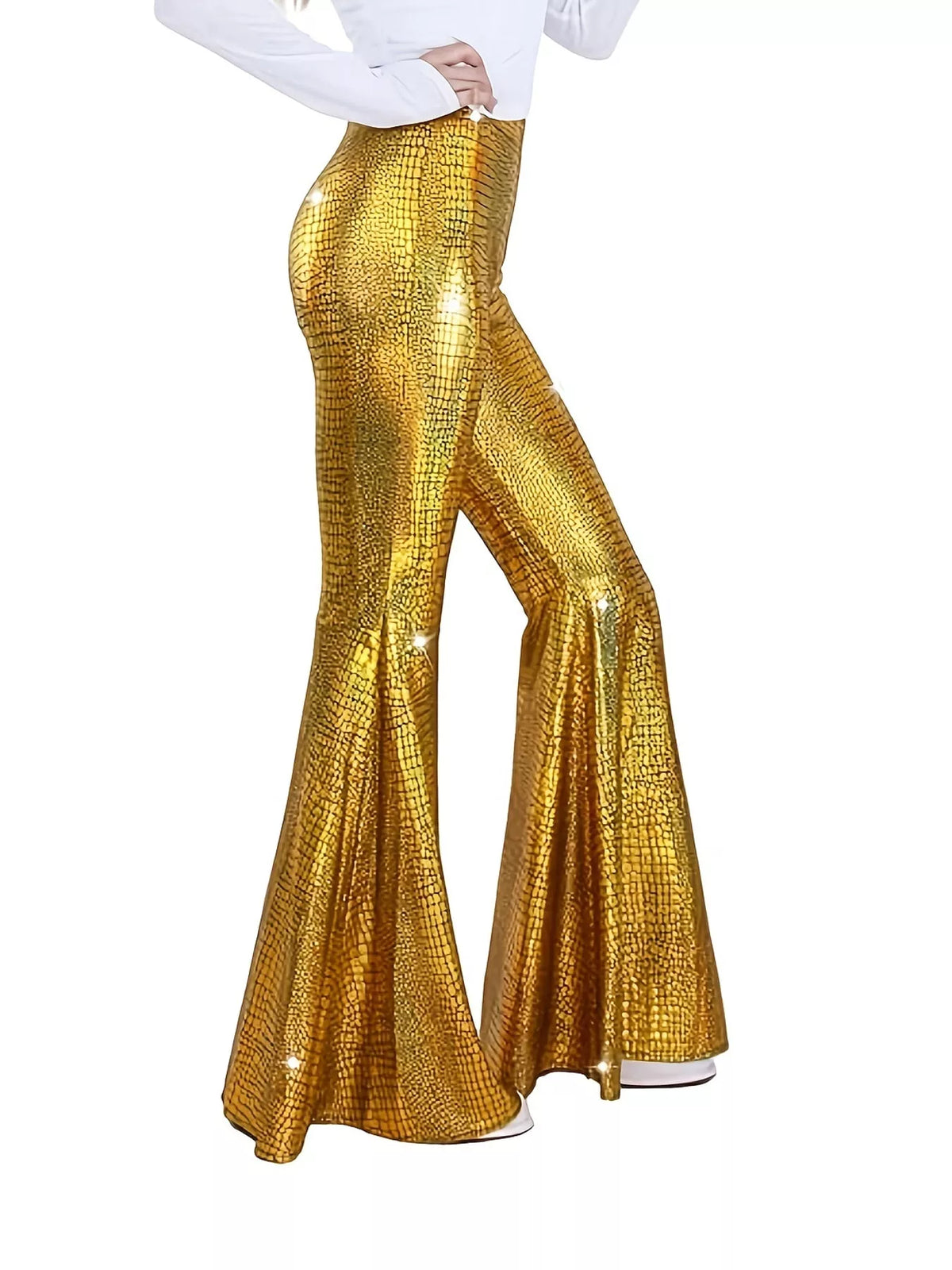 Gold high-waisted flare pants — back view