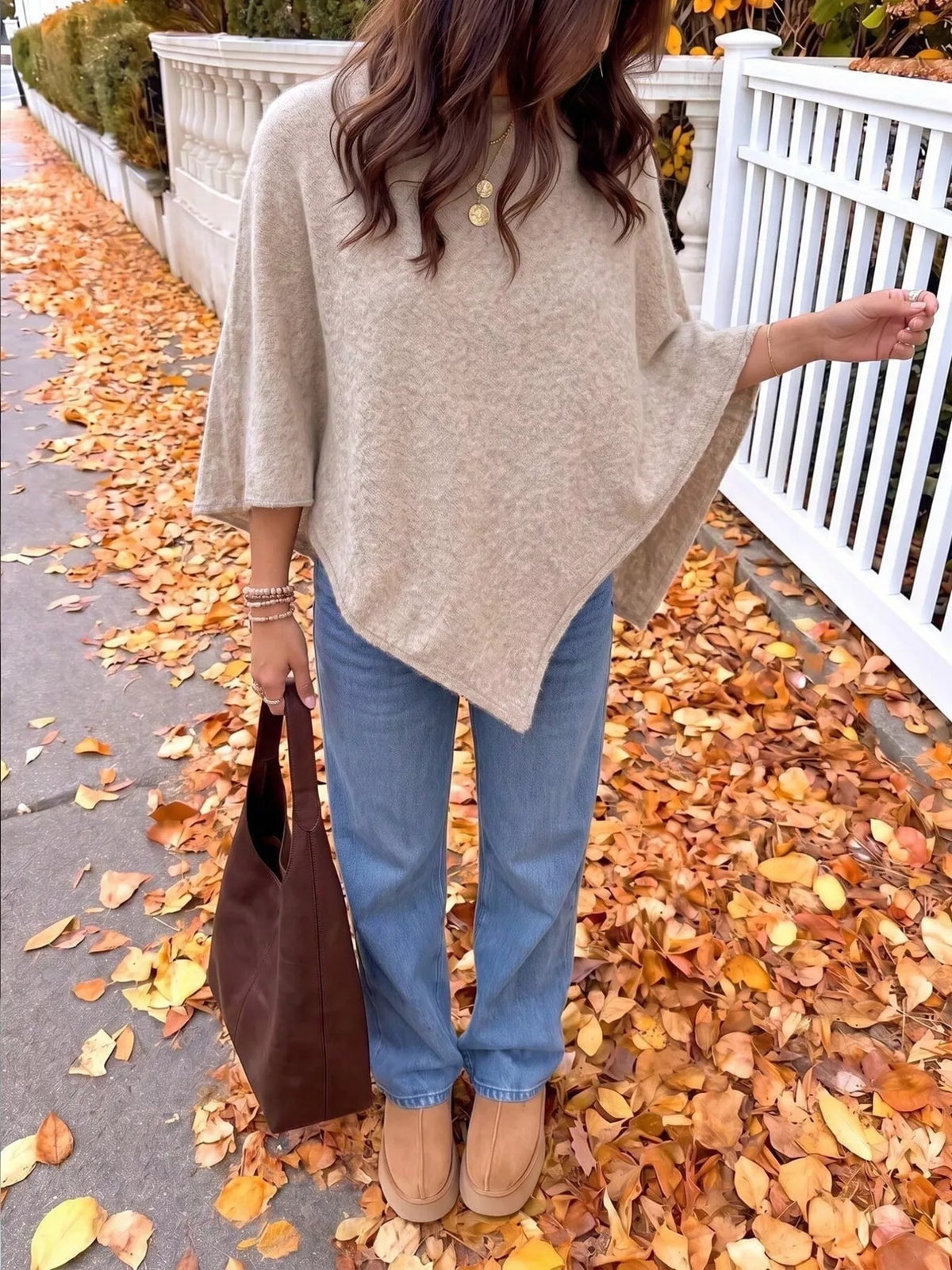 Khaki Oversized Round Neck Cape Sweater, front view