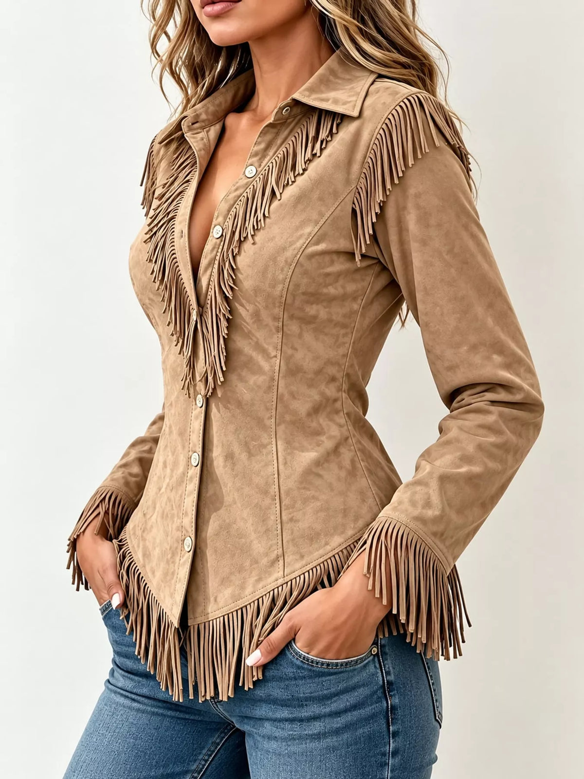 Fringe-detail shirt, tan side