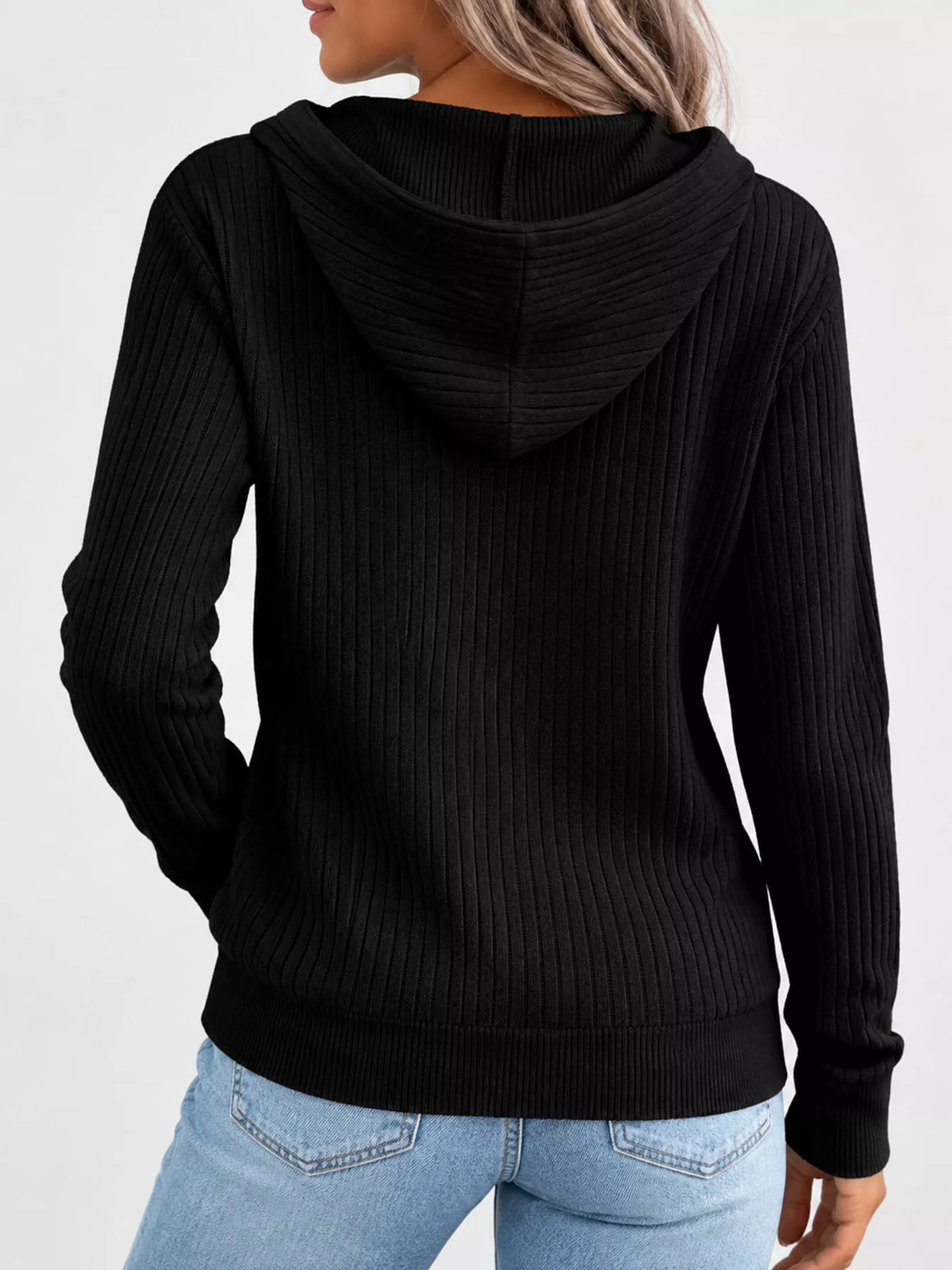 Black Ribbed Knit Zip-Up Hooded Cardigan, back view