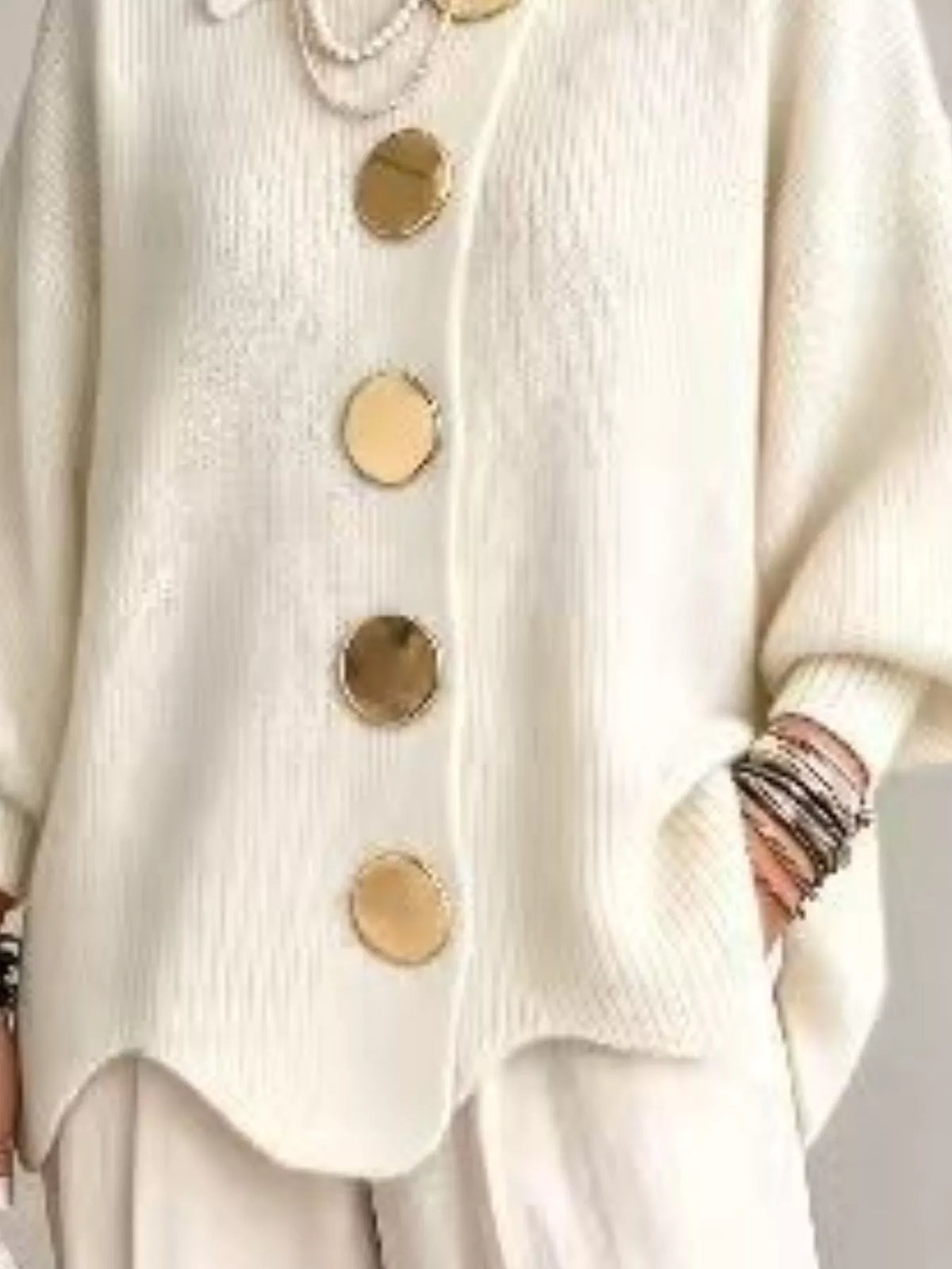 Trendsi Full Size Gold Buttons Lantern Sleeve Cardigan Plus Size -