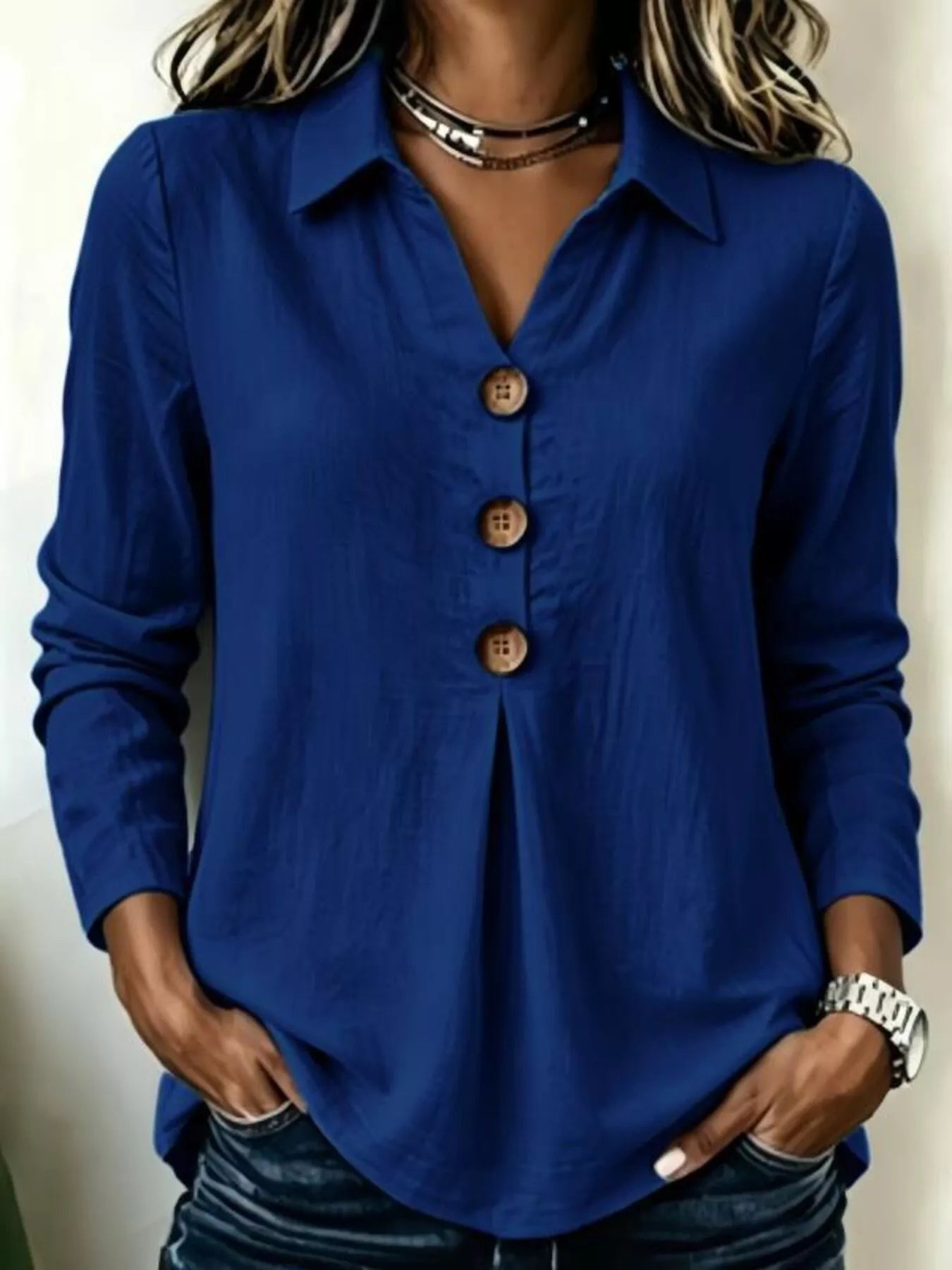 Trendsi Full Size Button Detail Long Sleeve Blouse Plus Size -