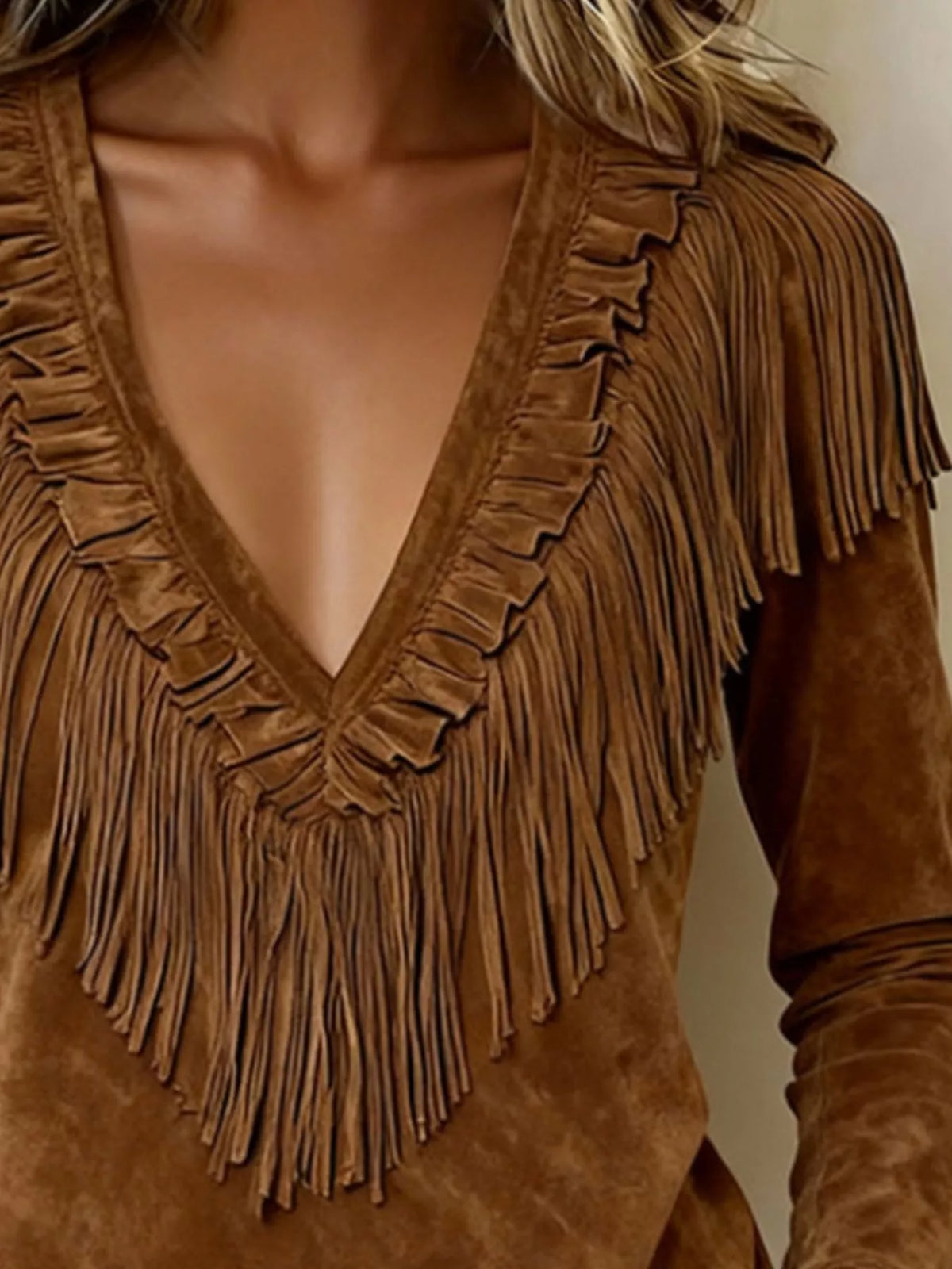 Fringed V-Neck Blouse in brown, neckline detail