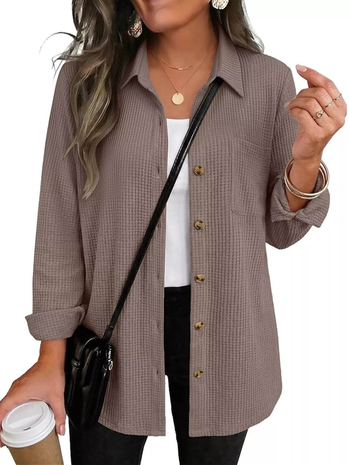 Trendsi Waffle Knit Button-Down Long Sleeve Shirt -