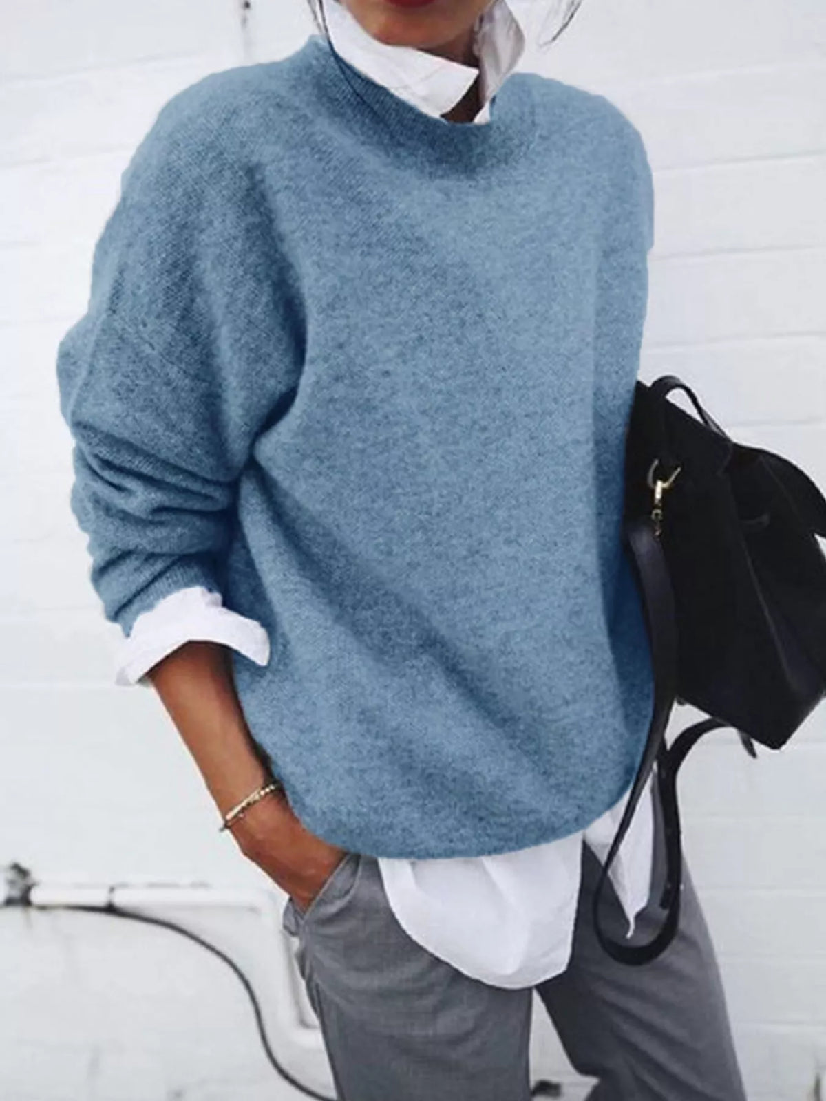 Dusty Blue Round Neck Long Sleeve Sweater front view