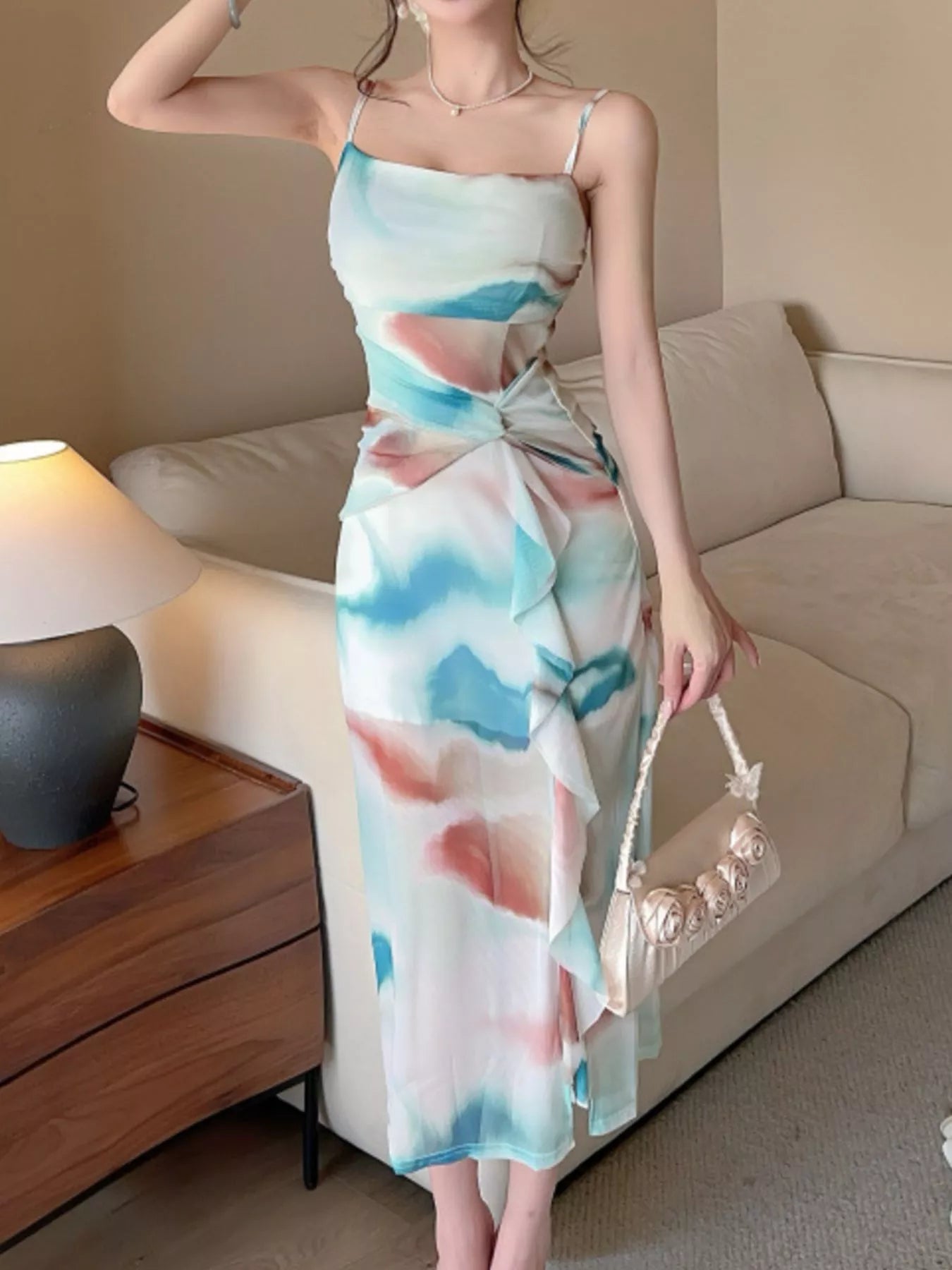 Trendsi Abstract Watercolor Print Ruched Midi Dress -