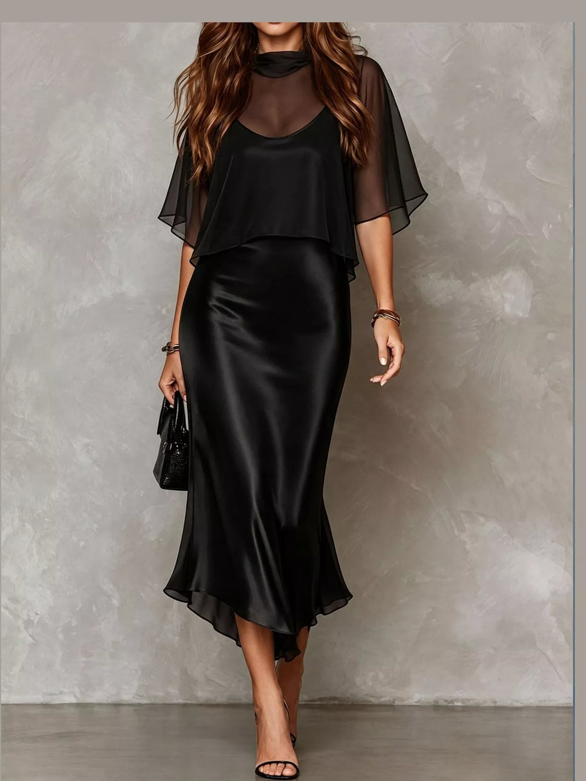 Black satin cami dress and sheer cover up set — front view