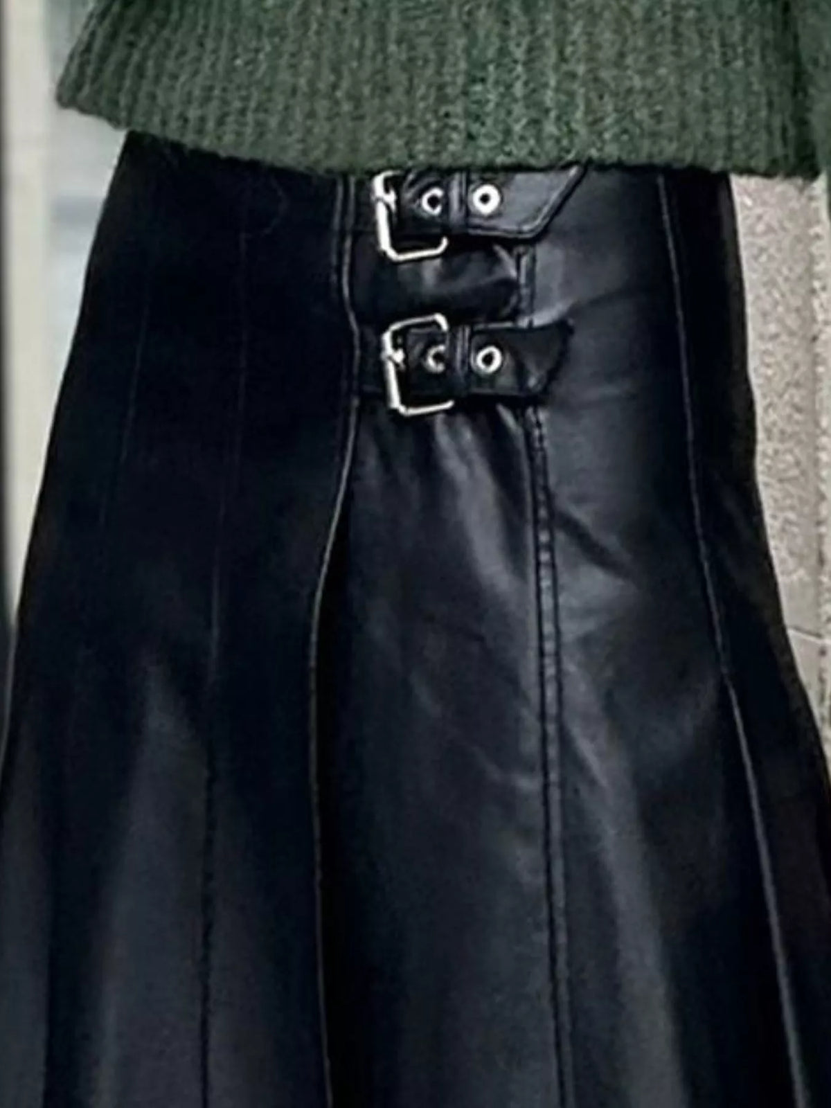 Buckle-detail faux-leather midi skirt — black buckle detail