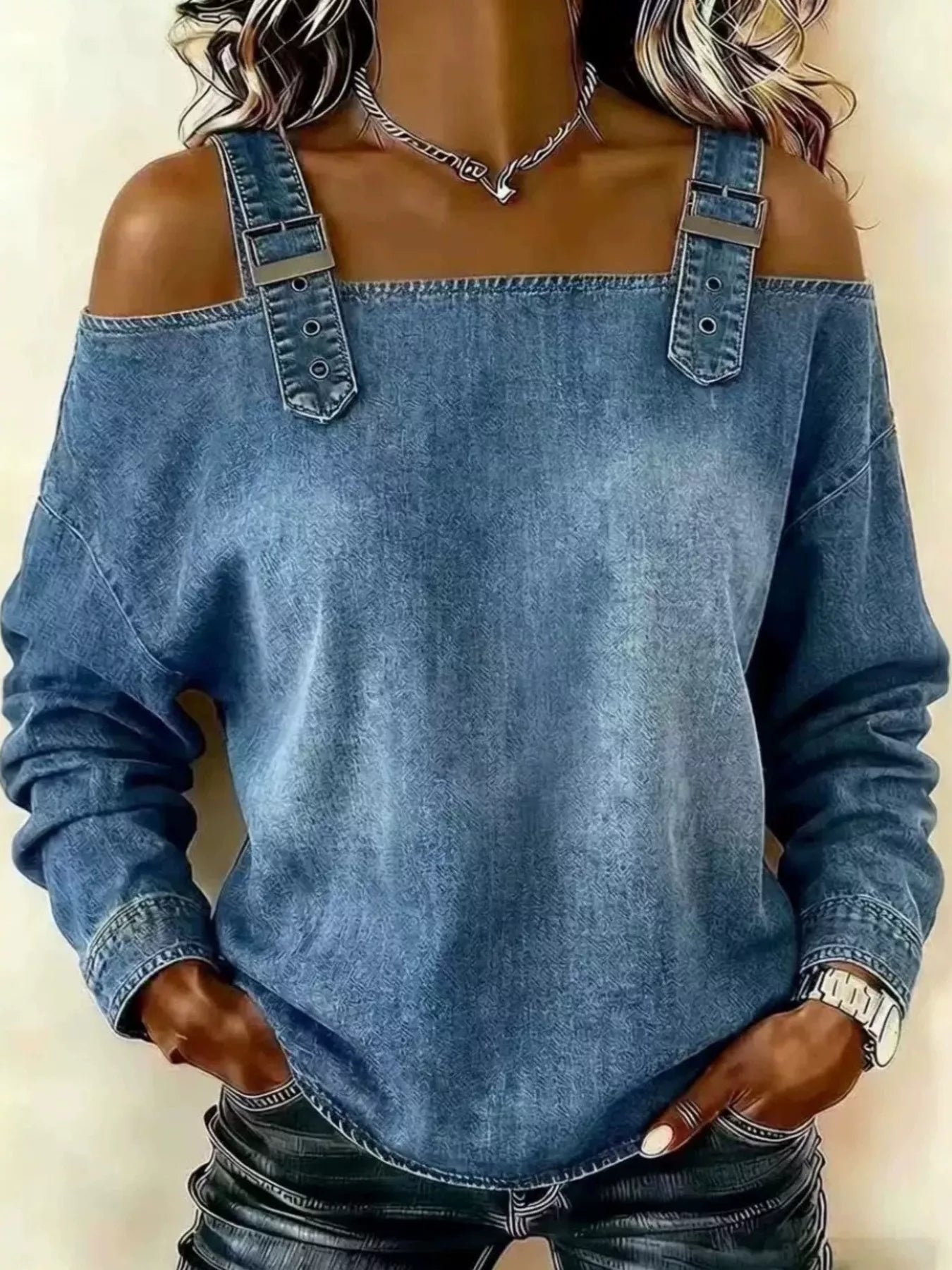 Trendsi Full Size Buckle Strap Long Sleeve Denim Top Plus Size -