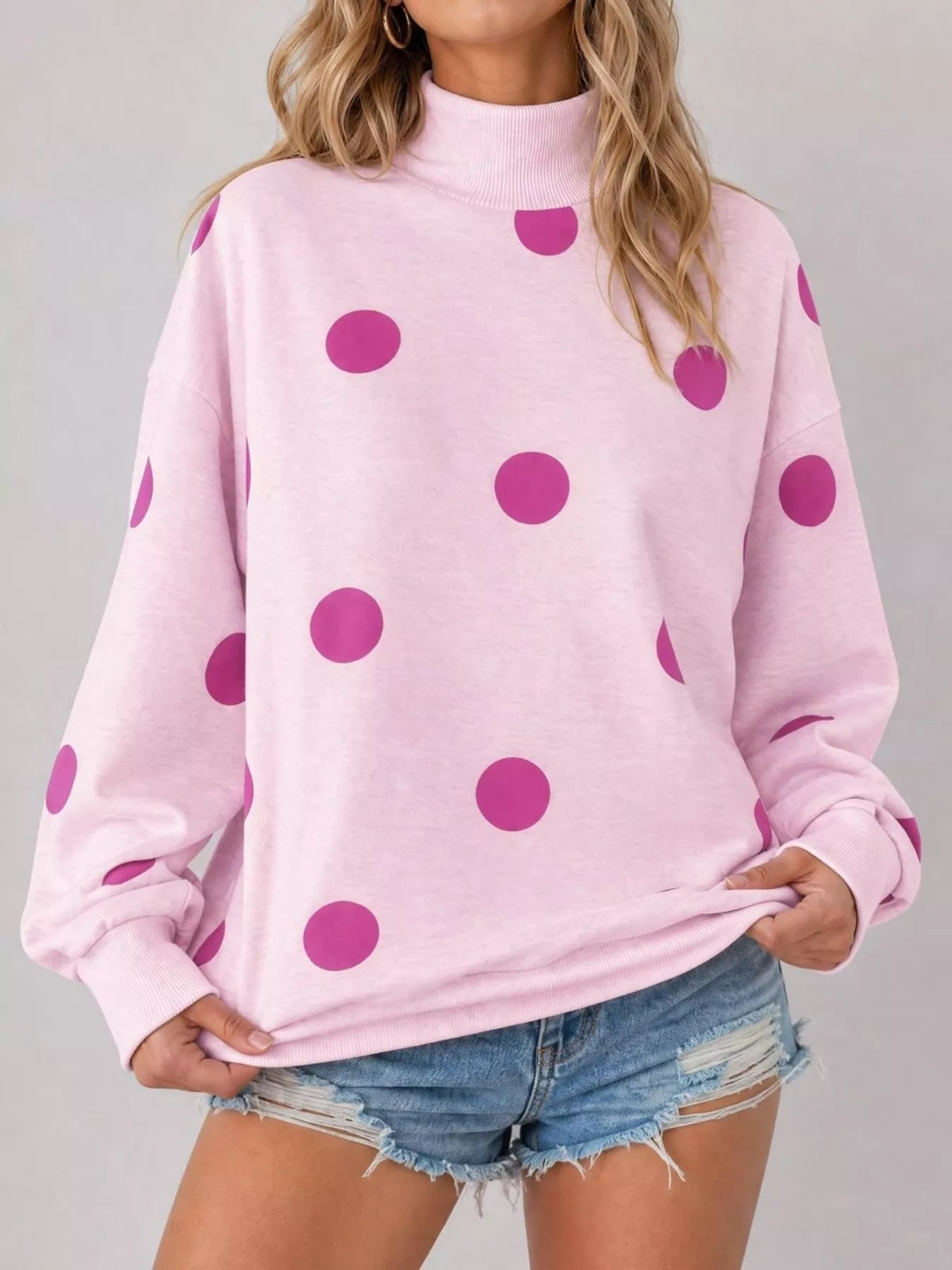 Trendsi Mock Neck Polka Dot Print Oversized Sweatshirt -