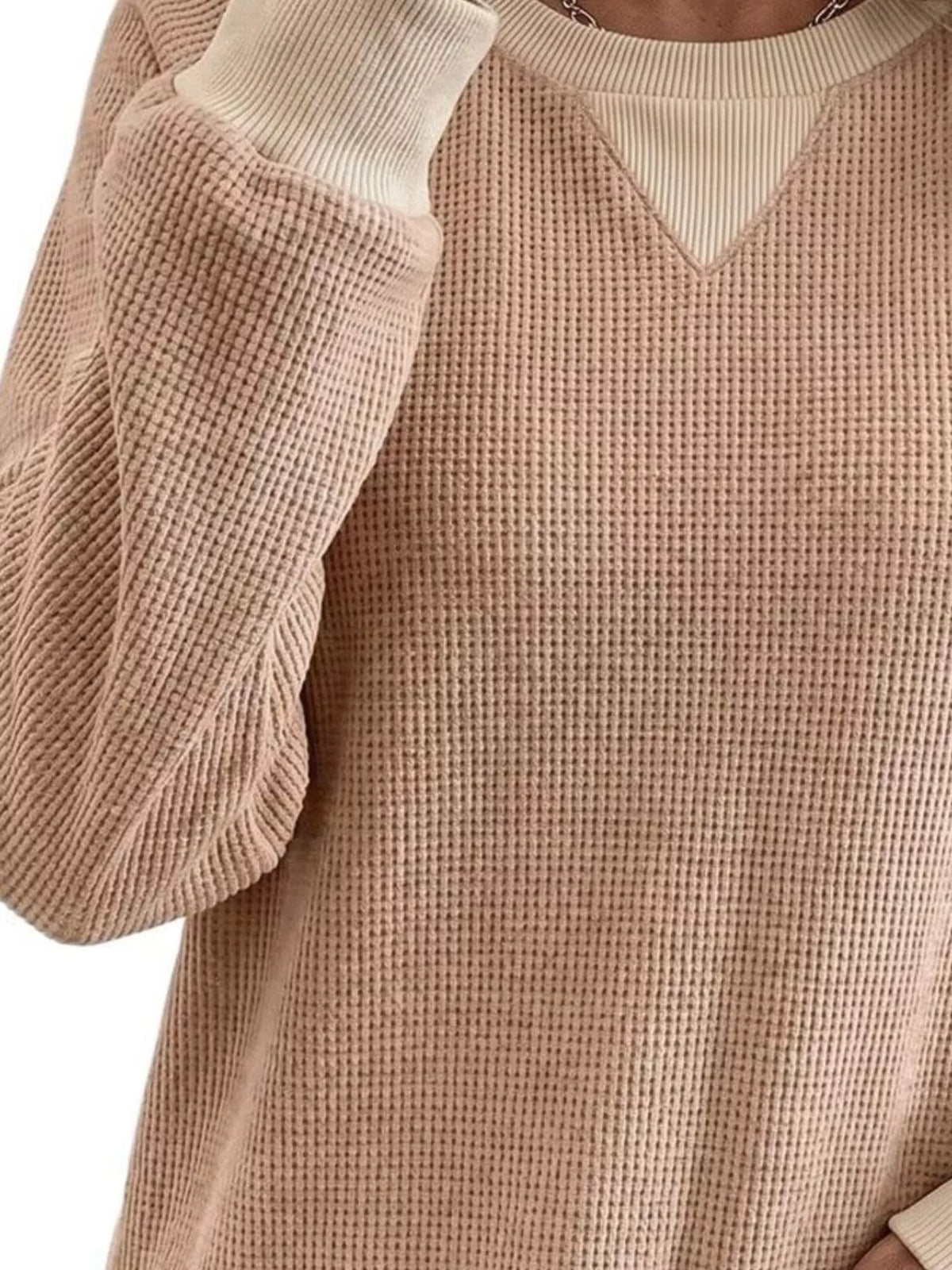 Trendsi Waffle Knit Crew Neck Long Sleeve Sweatshirt -