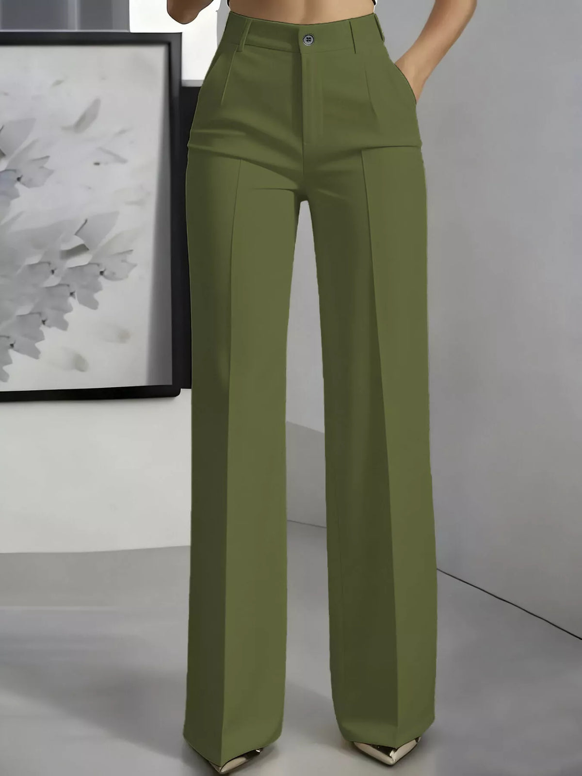 Olive high-waisted wide-leg pants, front view