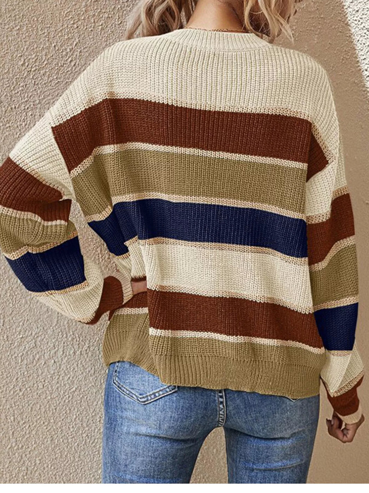 Color Block Striped Crew Neck Sweater in cream with multicolor stripes, back view