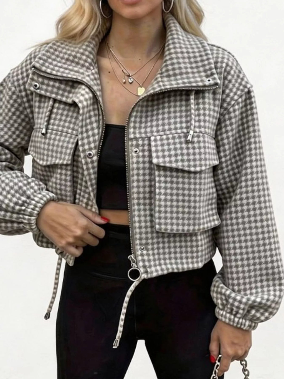 Gray plaid cropped zip-up jacket