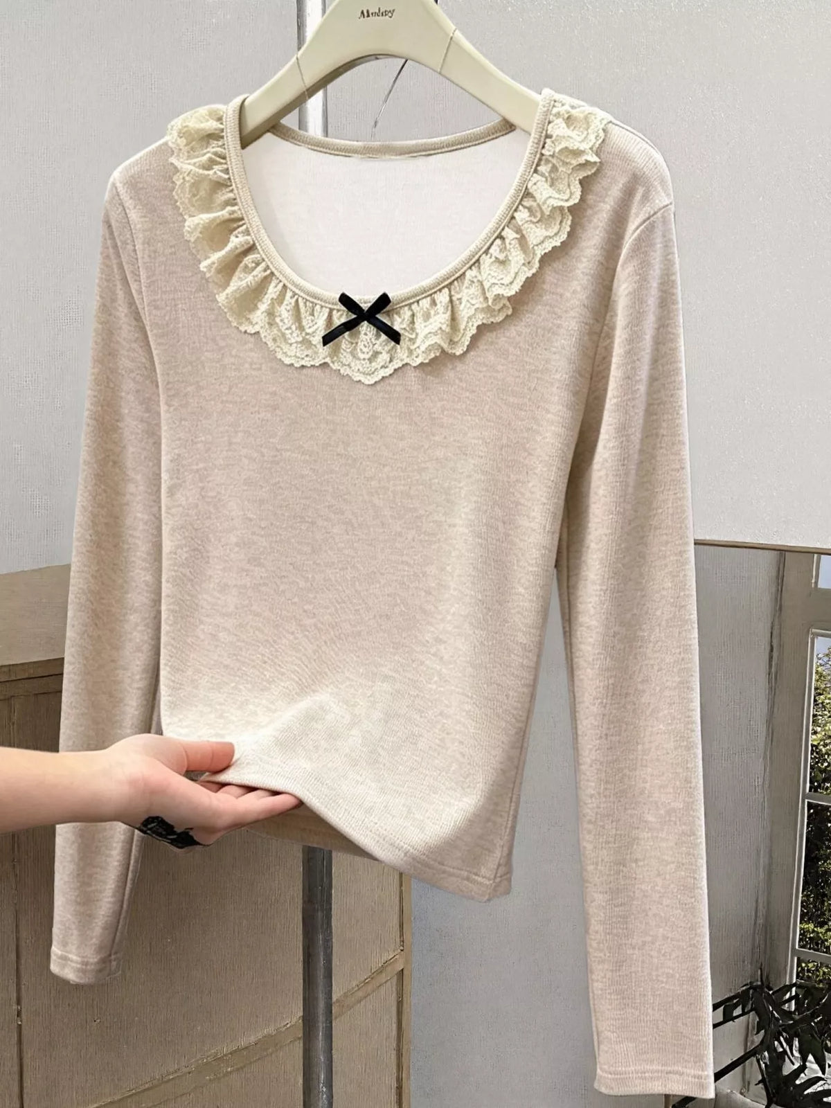 Oatmeal Color Lace Trim Long Sleeve T-Shirt front view