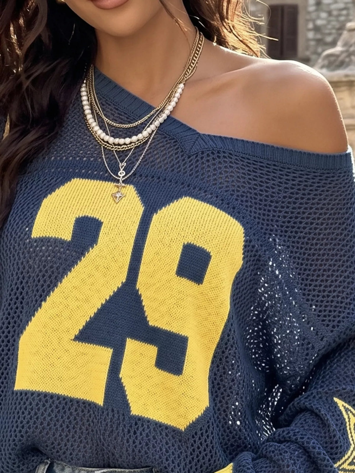 Women's Number 29 Openwork Knit Jersey Sweater in Dark Navy, full-length view