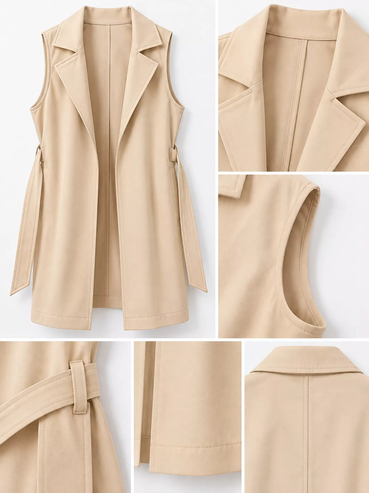 Tie Waist Longline Vest in beige, construction detail