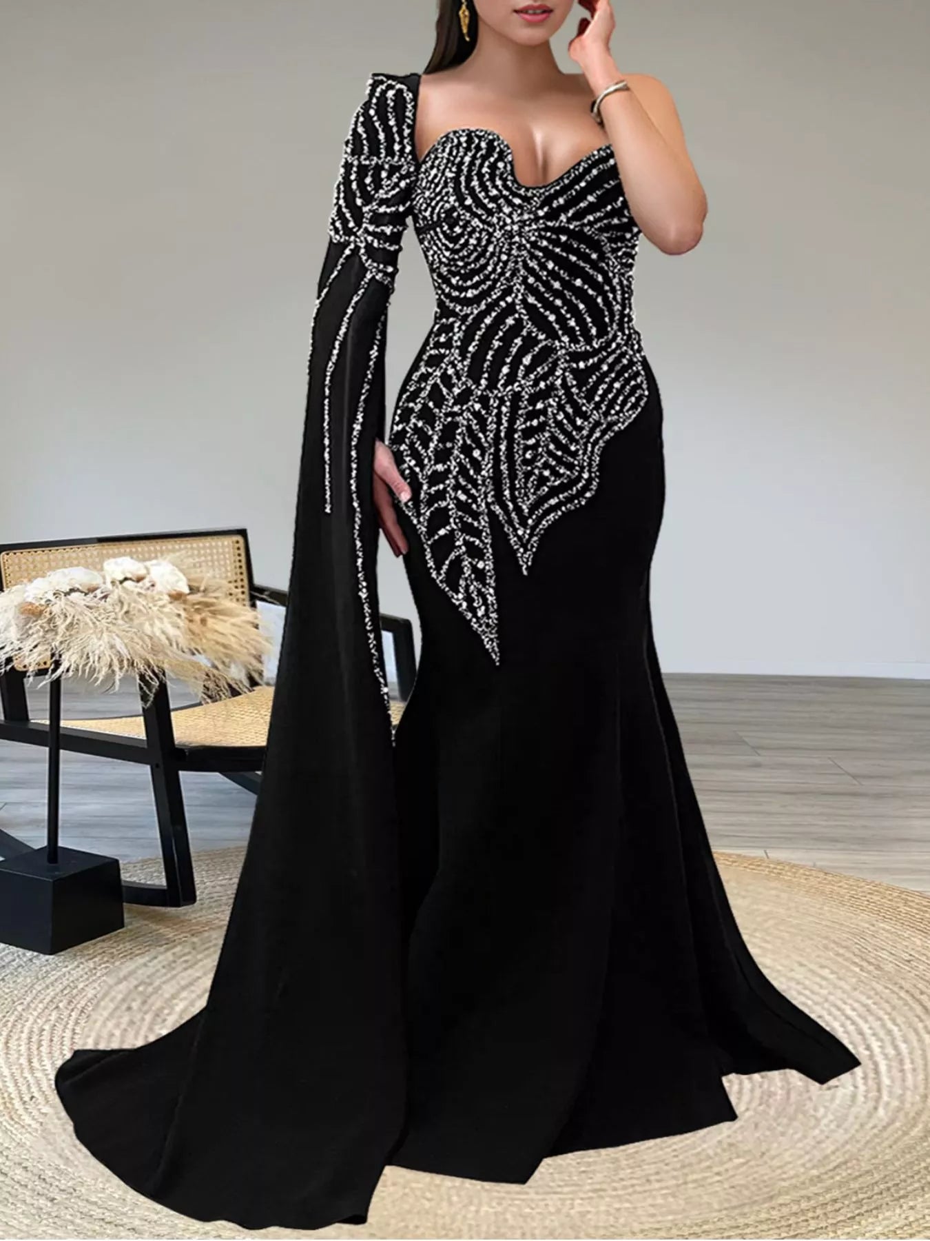 Trendsi Rhinestone Pearl Detail One-Shoulder Mermaid Maxi Dress -