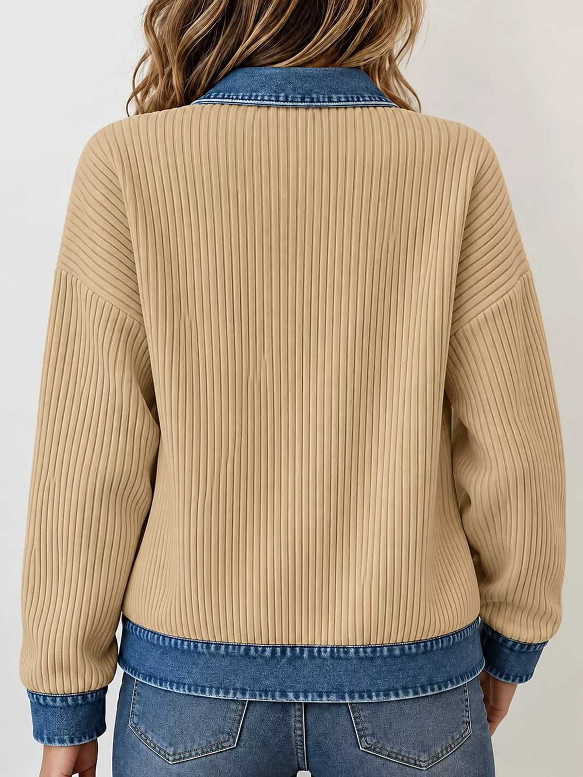 Tan denim-collar ribbed knit zip-up jacket — back view
