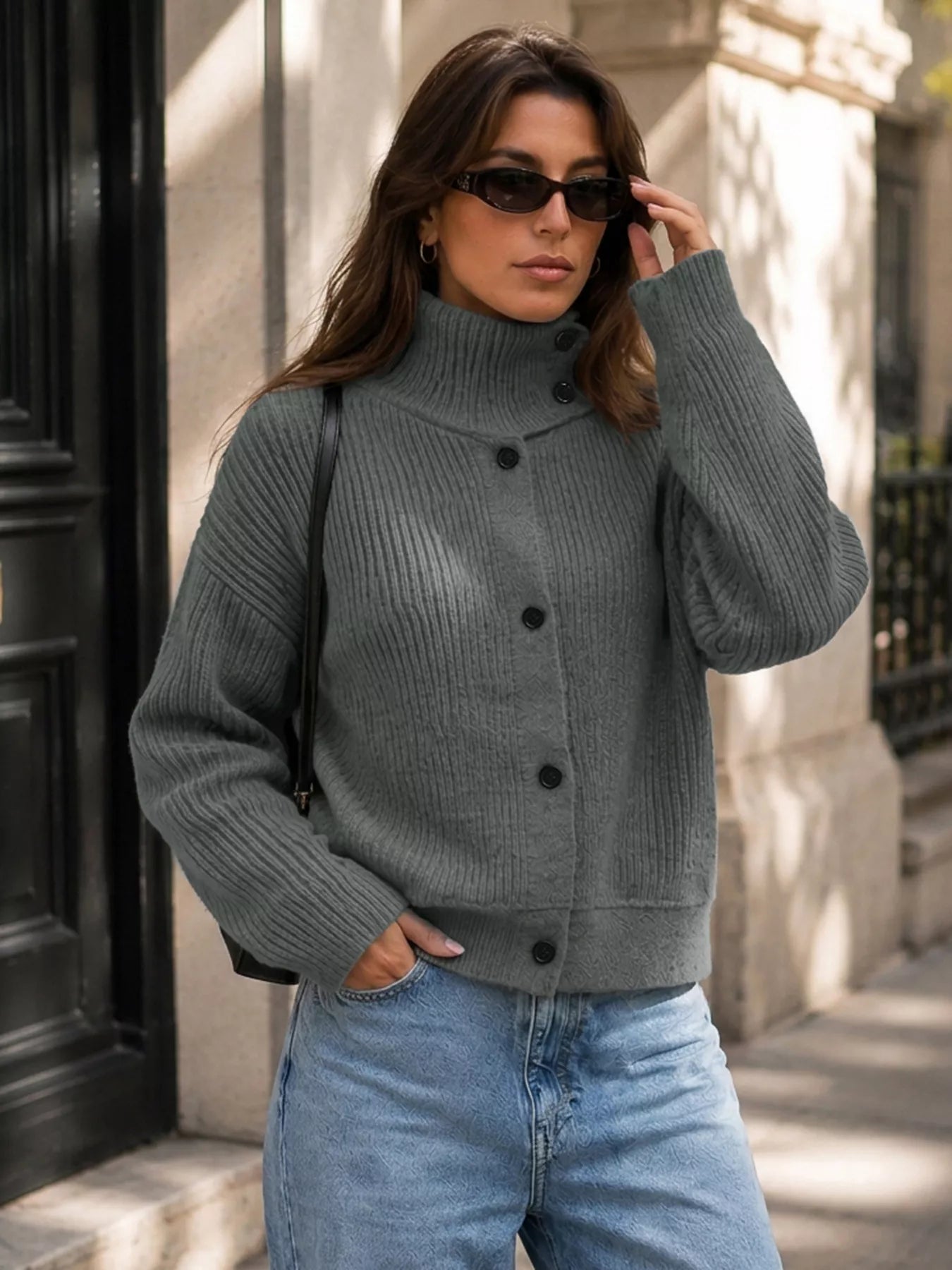 Trendsi Turtleneck Button-Down Cardigan -