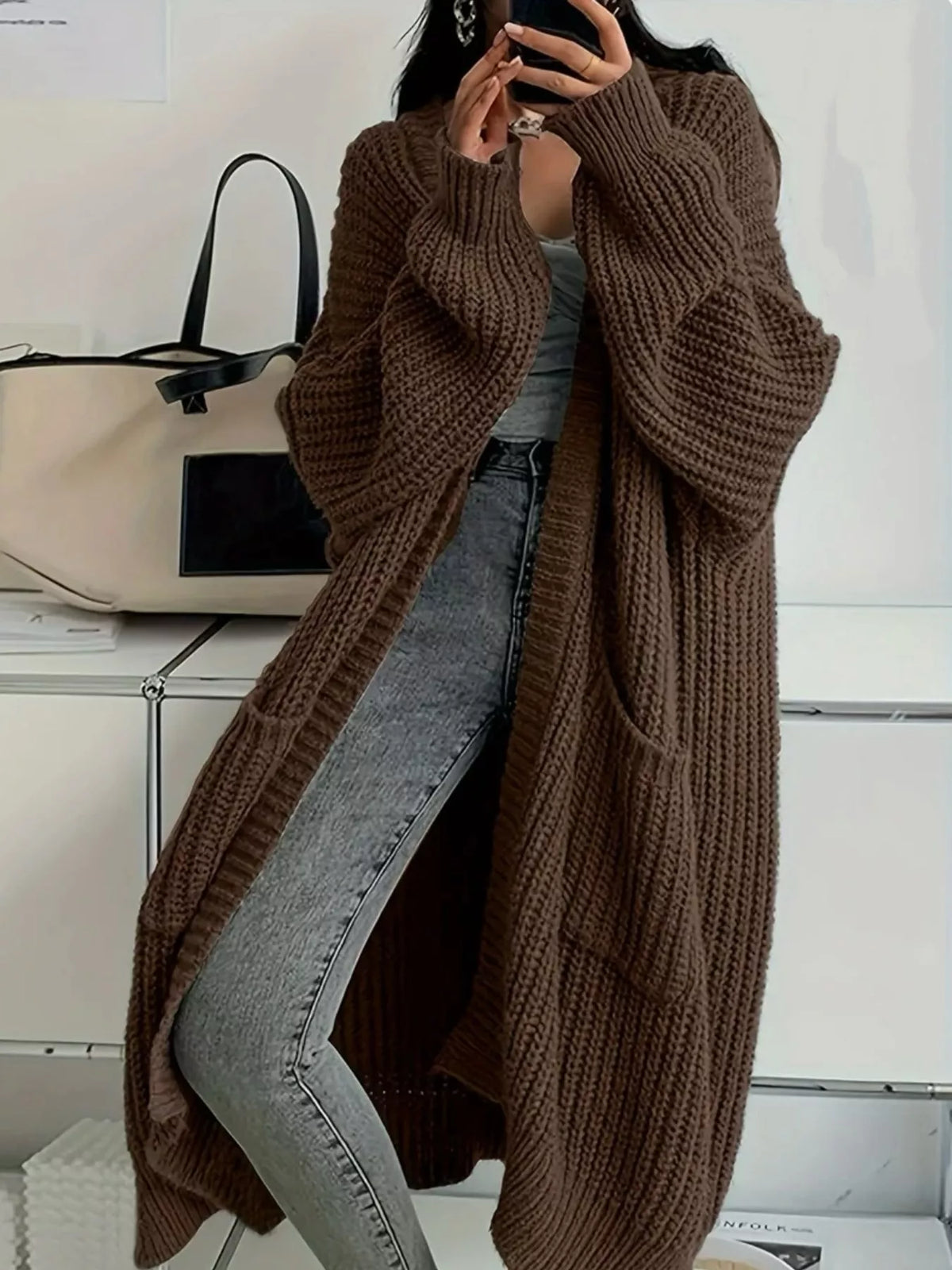 Longline knit cardigan, brown front