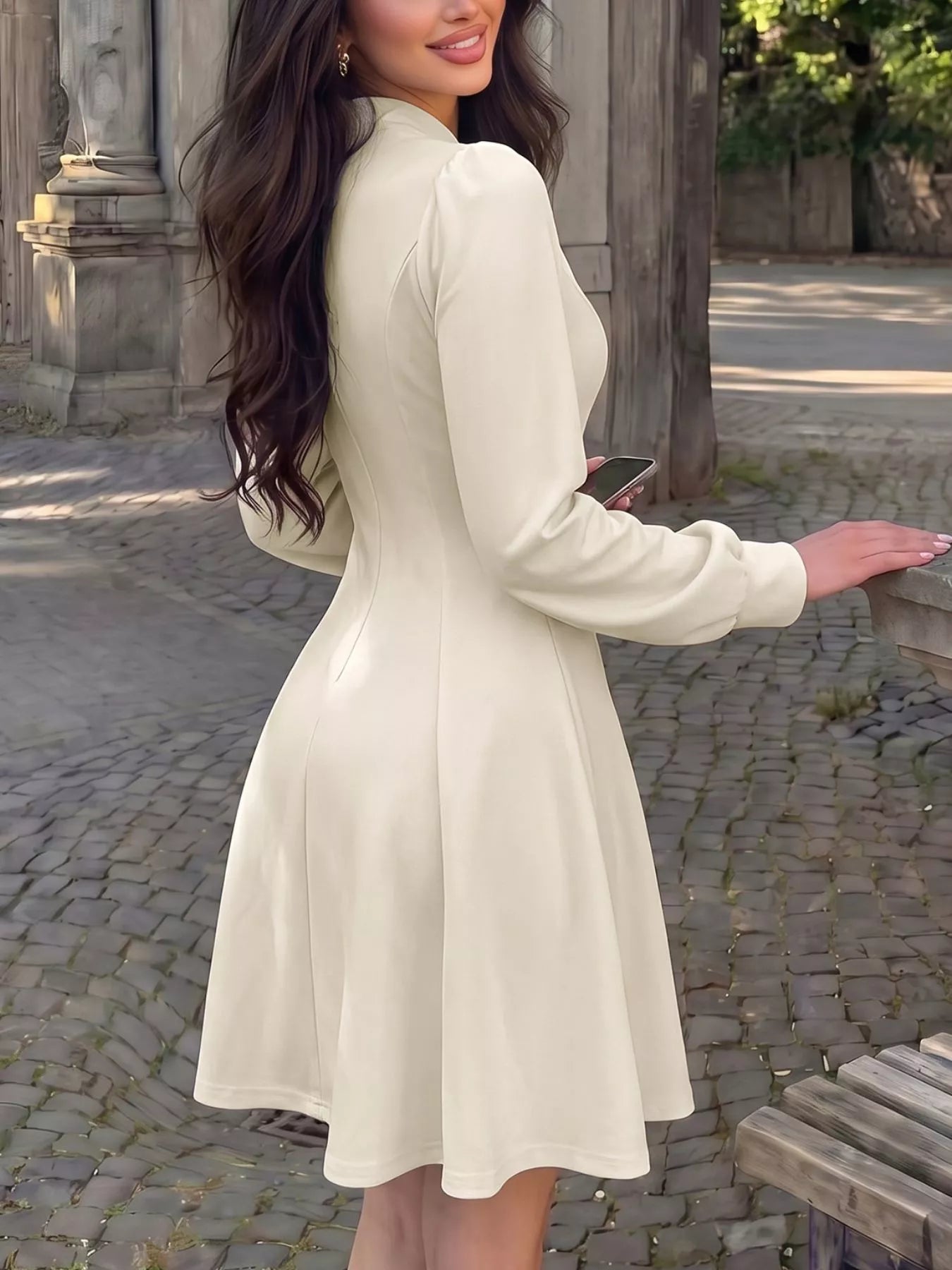 Trendsi Keyhole Neckline Long Sleeve A-Line Mini Dress -