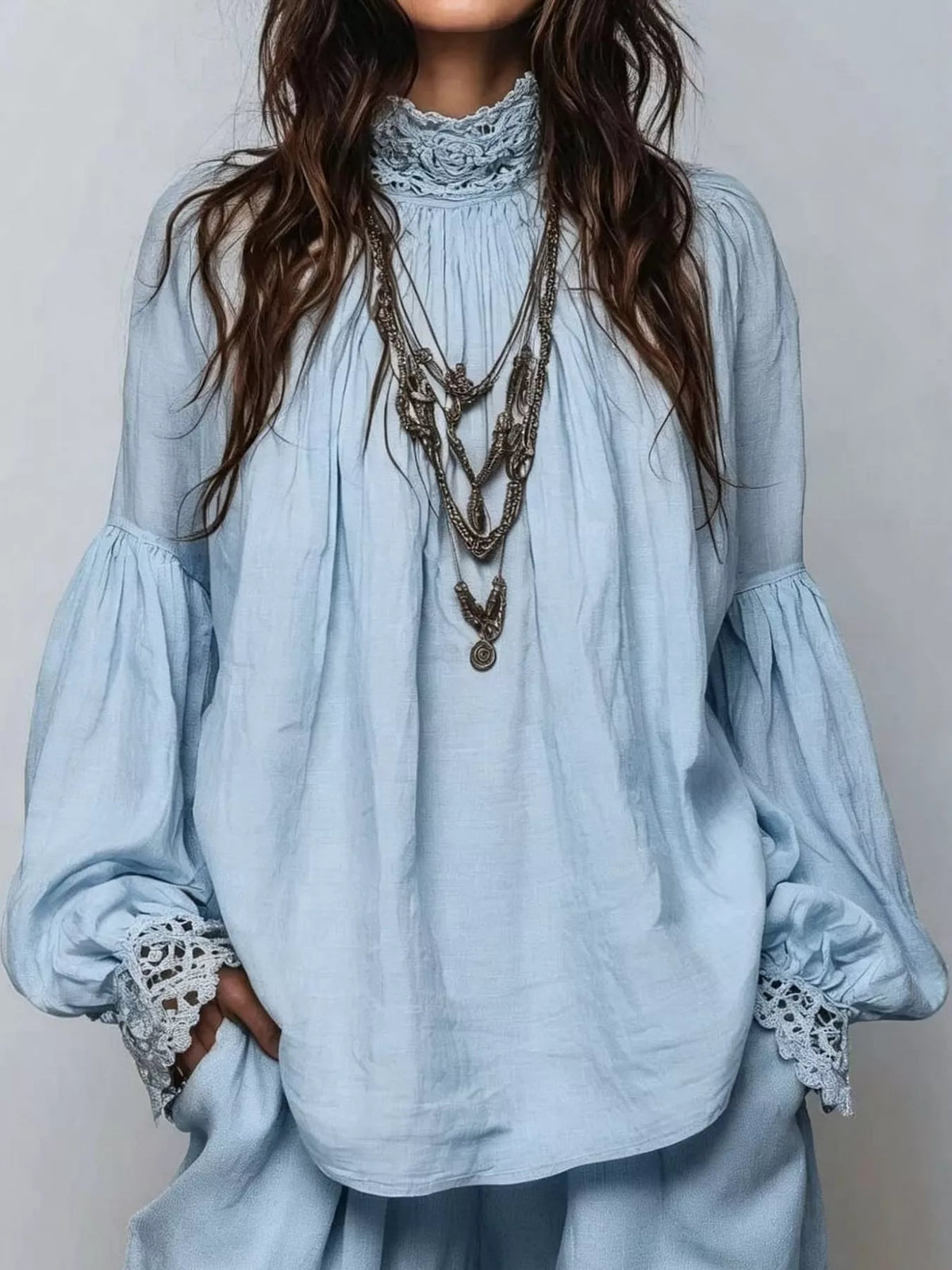 Light Blue lace mock neck long sleeve blouse