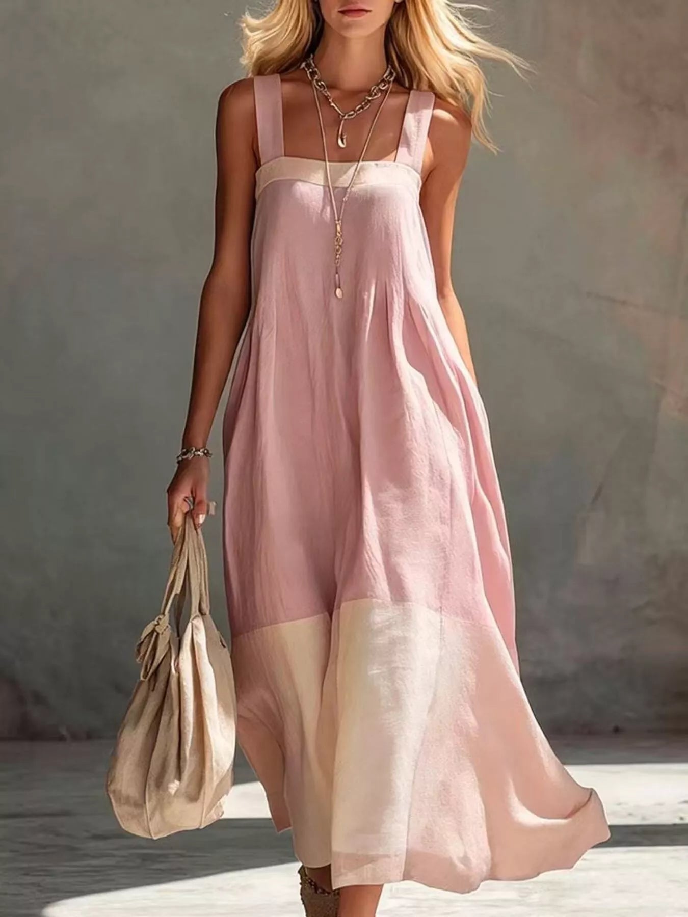 Trendsi Color-Block Sleeveless Linen-Blend Midi Dress -