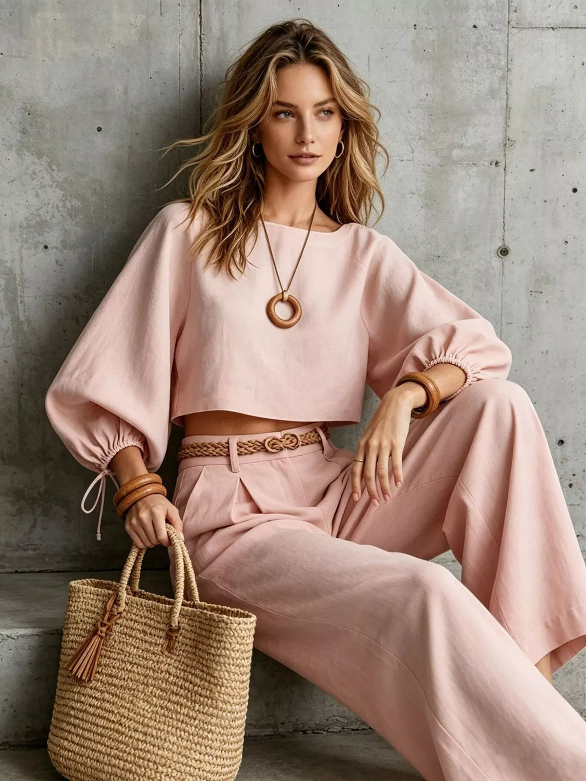 Cropped blouse and pants set, pink seated view