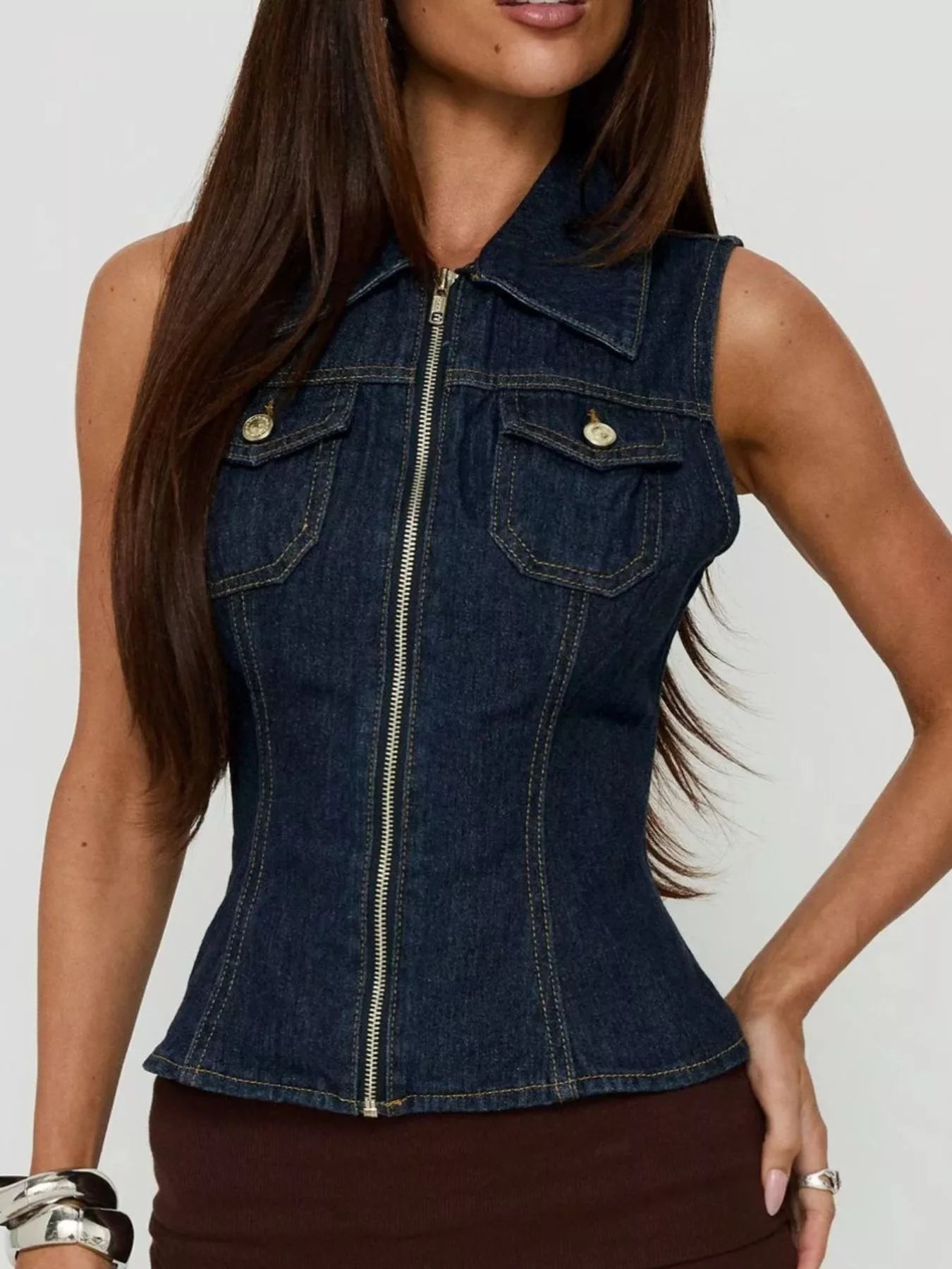 Trendsi Sleeveless Zip-Up Denim Vest -
