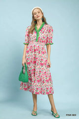 Trendsi Umgee Floral Ruffle Trim Tiered Midi Dress - Dresses