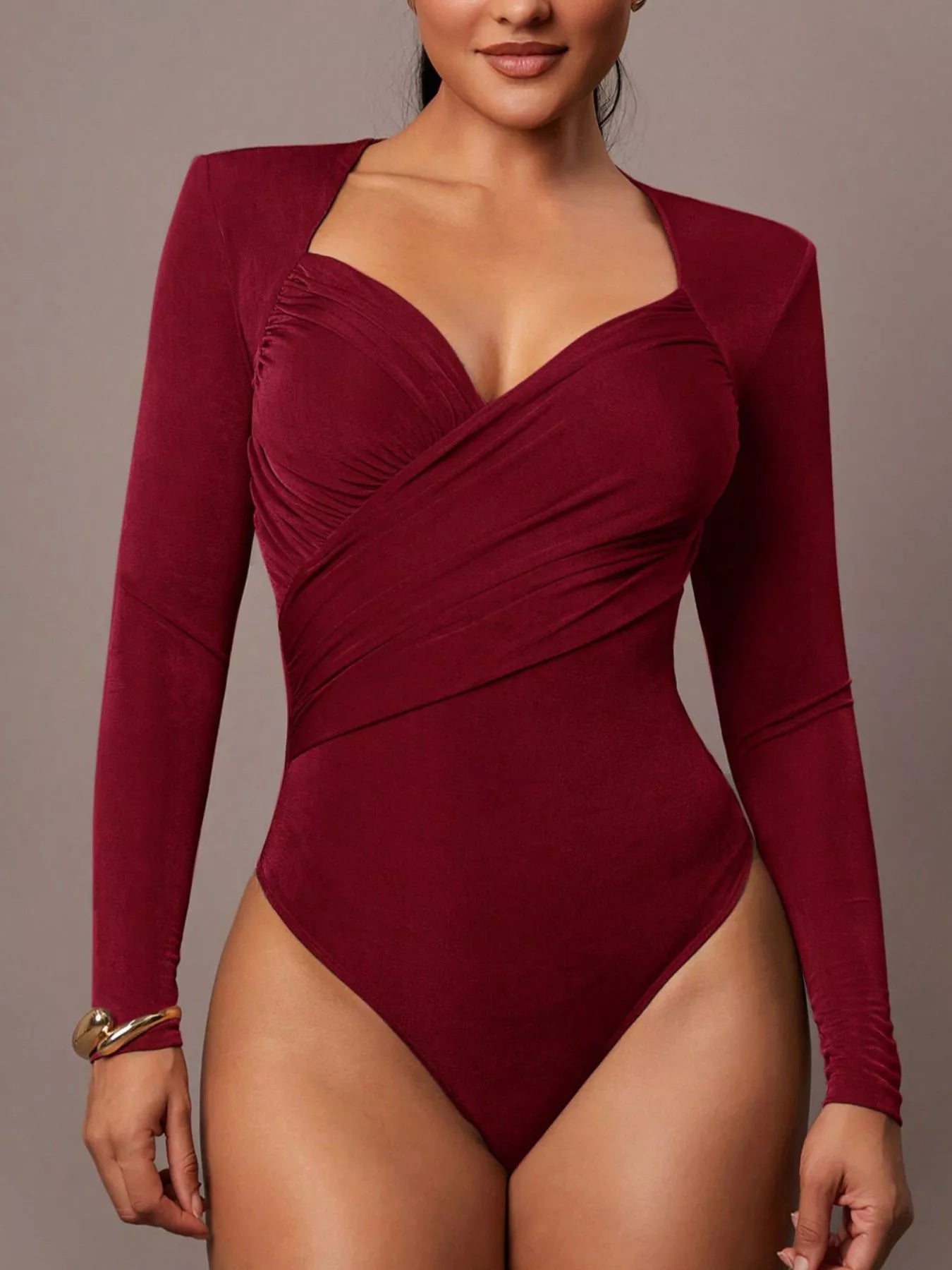 Trendsi Ruched Surplice Long Sleeve Bodysuit -