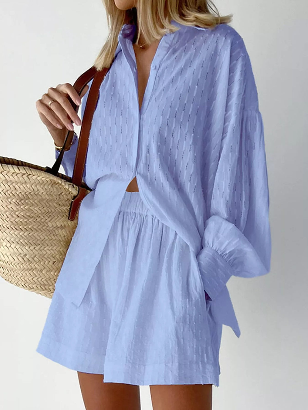 Women's Textured Button-Down Shirt and Shorts Set in light blue — front view