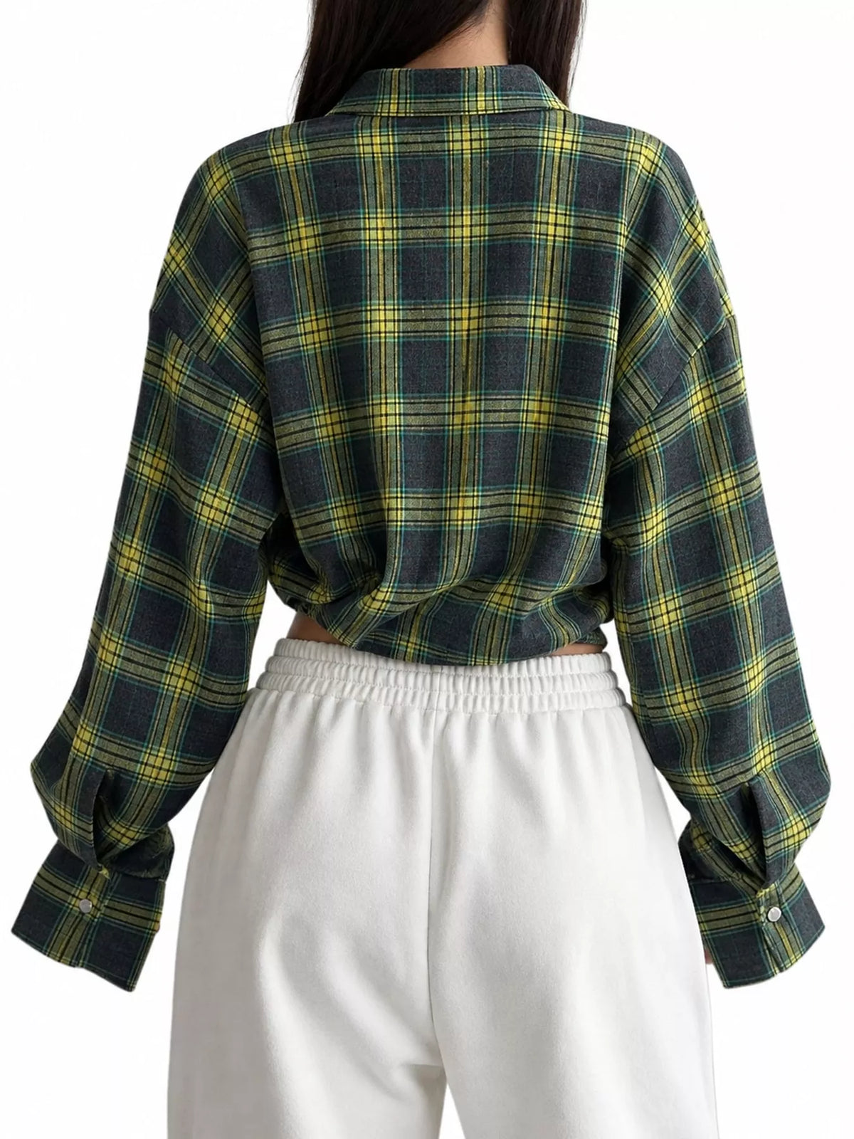 Dark Green plaid button up shirt, back view