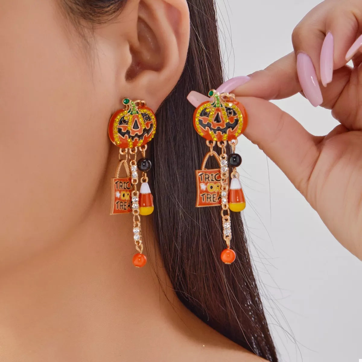 Trendsi Halloween Rhinestone Pumpkin Drop Earrings -
