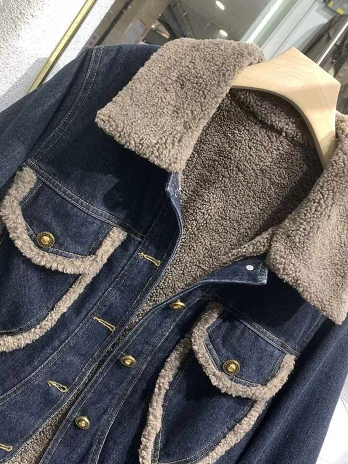 Sherpa-Lined Denim Jacket with Contrast Trim — garment construction details