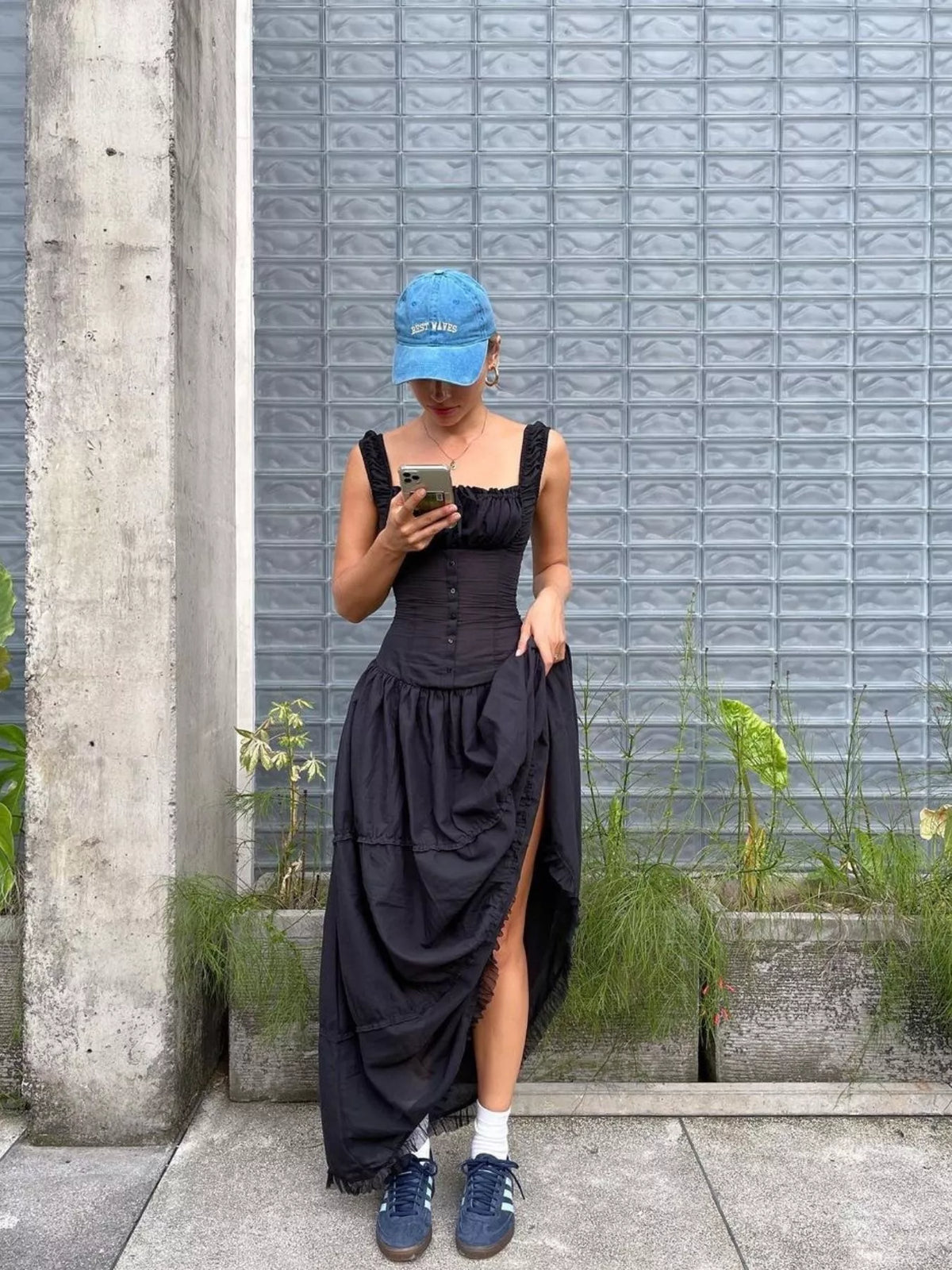 Women's Ruffled Square Neck Tiered Maxi Dress in black — front view