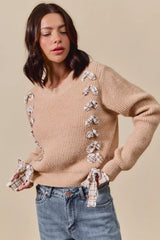 Trendsi SO ME Checkered Plaid Tape Lace Up Ribbed Sweater -