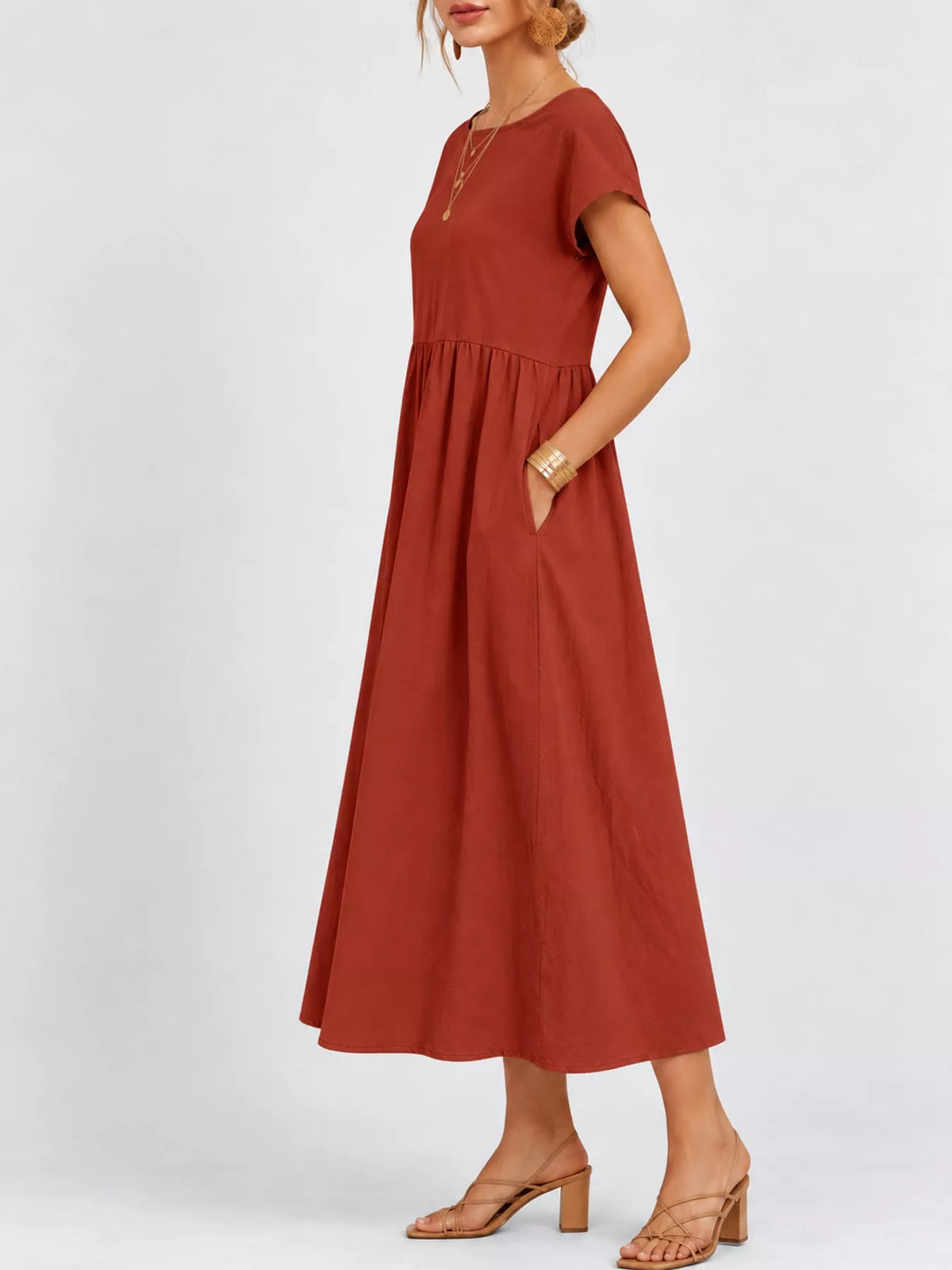 Round neck short sleeve midi dress, side view