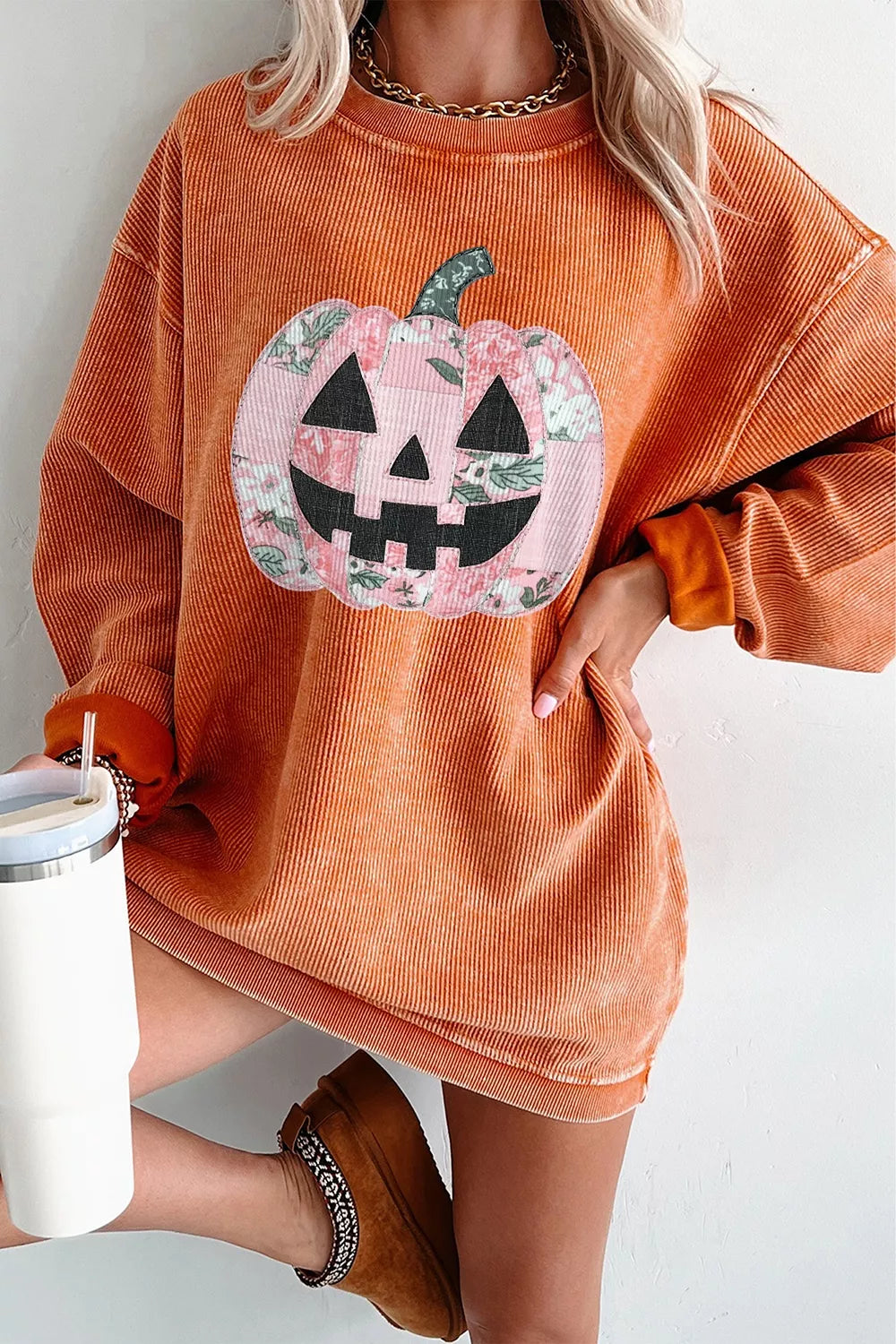 Trendsi Patchwork Pumpkin Graphic Corded Ribbed Round Neck Tunic Sweatshirt -