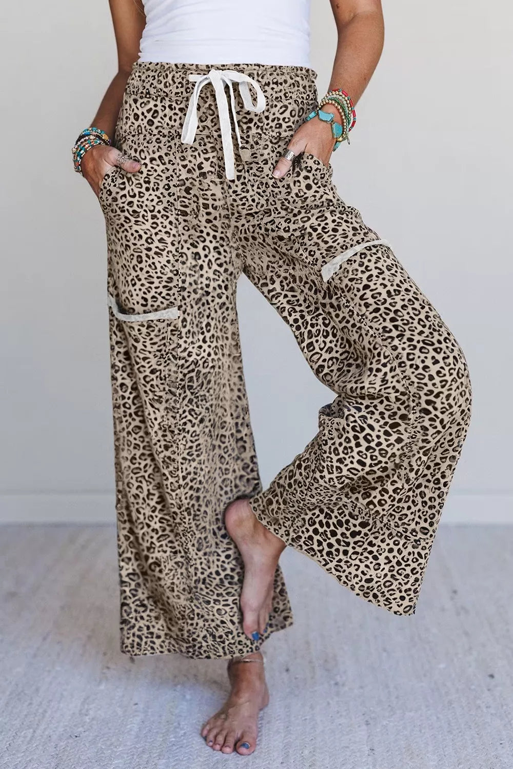 Trendsi Leopard Print Wide-Leg Pants with Drawstring -