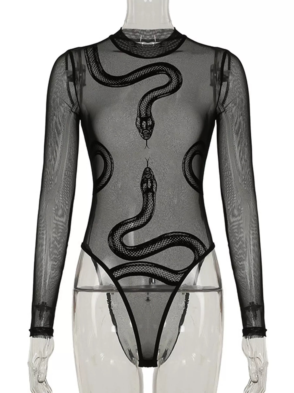 Black sheer mesh snake-motif bodysuit