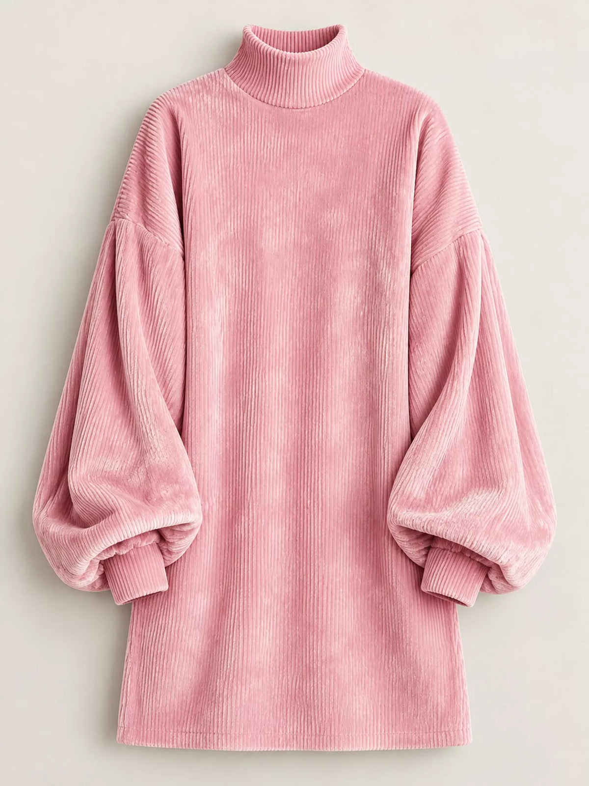 Pink corduroy mock neck lantern sleeve mini dress