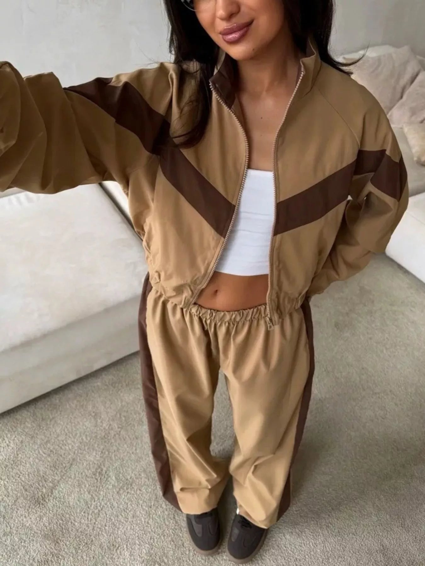 Trendsi Color Block Zip Up Outerwear and Pants Set -