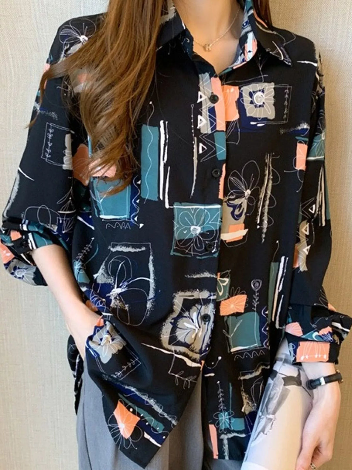 Printed Long Sleeve Button-Down Shirt in black with multicolor print