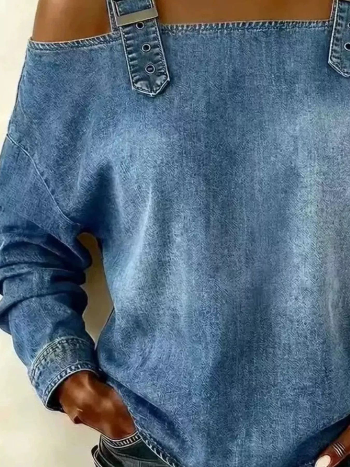 Trendsi Full Size Buckle Strap Long Sleeve Denim Top Plus Size -