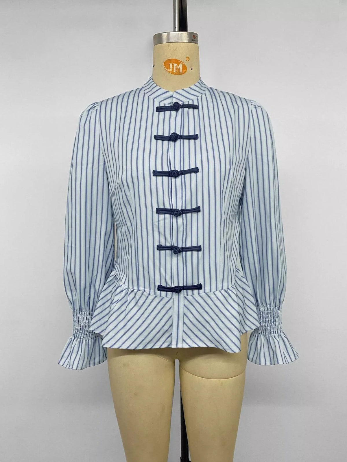 Trendsi Striped Mandarin Knot Buttons Peplum Hem Shirt -